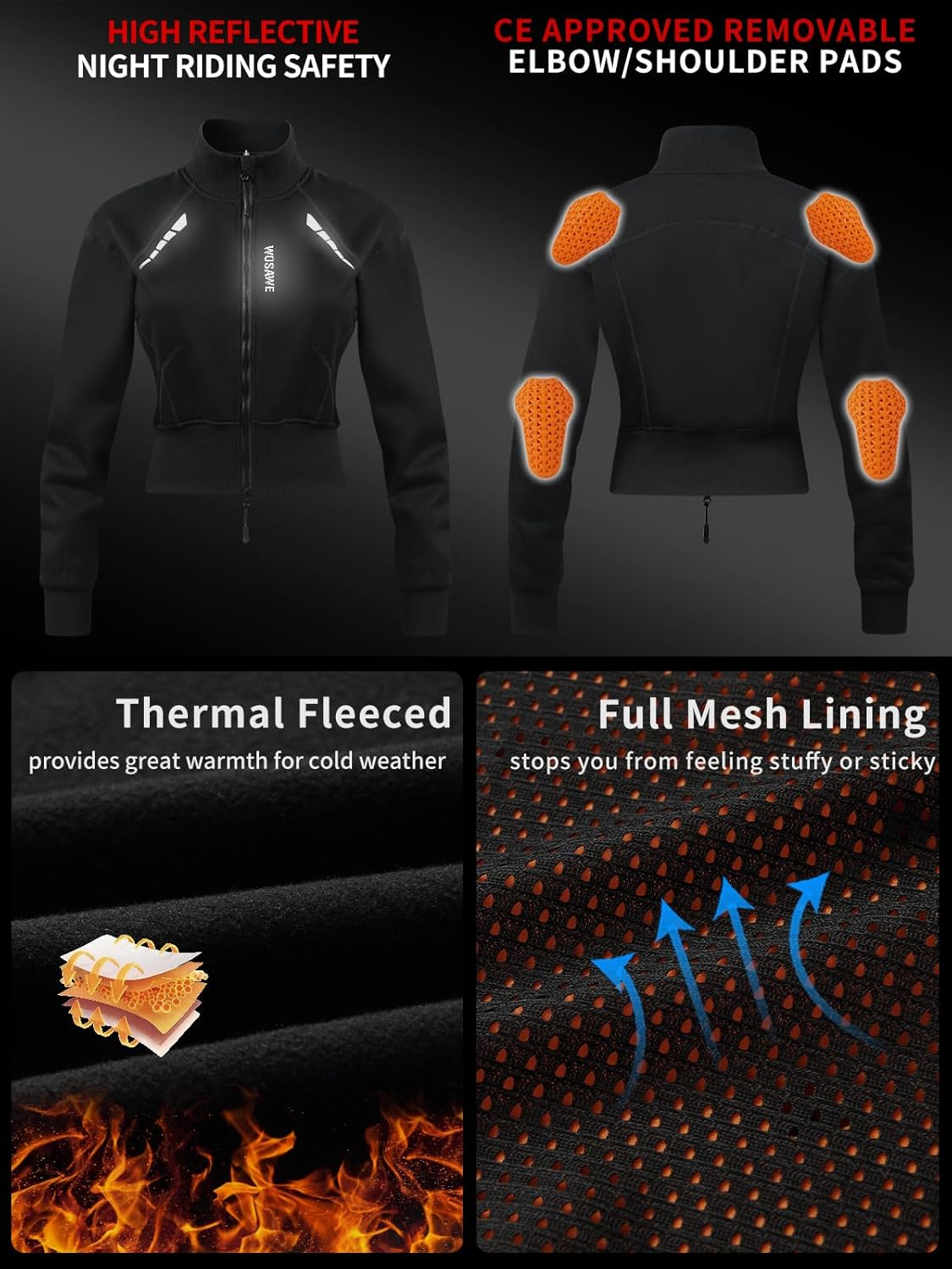 WOSAWE Women'S Motorcycle Fleece Jacket CE Pad Insert Zip up Sweatshirt Biker Trendy Cropped Sweaters image number 3