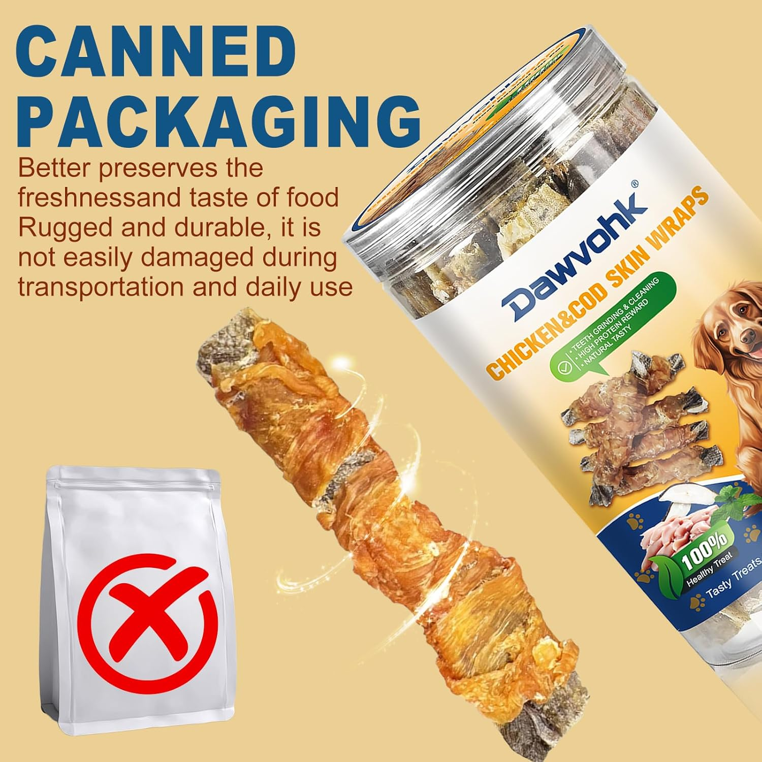 Chicken&Cod Skin Wraps Stick, High Protein Dog Treats, Healthy Chews Teeth Cleaning for Large Medium Small Pets No Additives & Preservatives (150Gram/5.29 OZ) image number 3