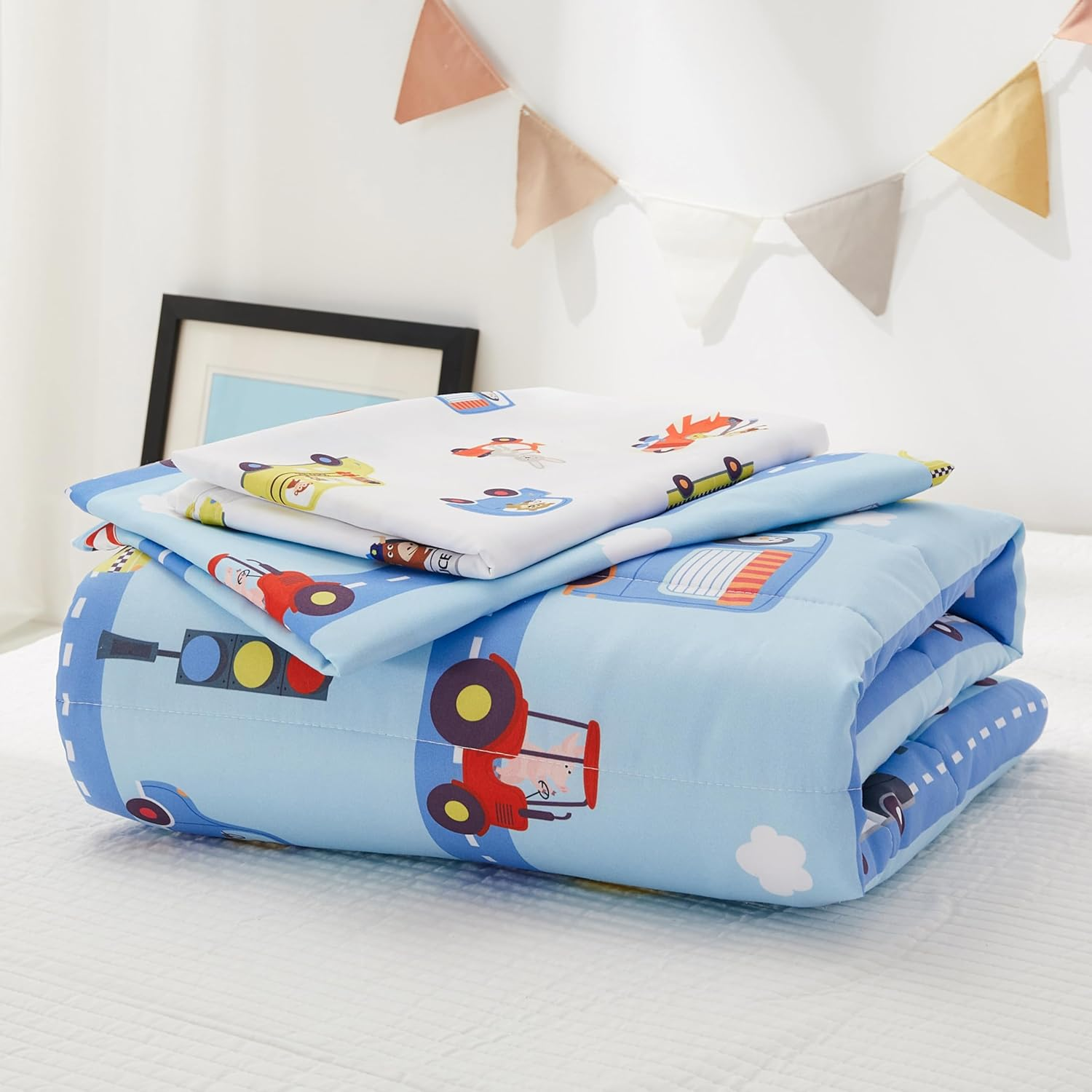 PINNKKU 4-Piece Toddler Bedding Set, Bed-In-A-Bag Comforter Set, Includes 1 Flat Sheet, 1 Fitted Sheet, 1 Comforter and 1 Reversible Pillowcase, Standard Toddler Comforter & Sheet Set, Cars & Road - Solar System image number 2