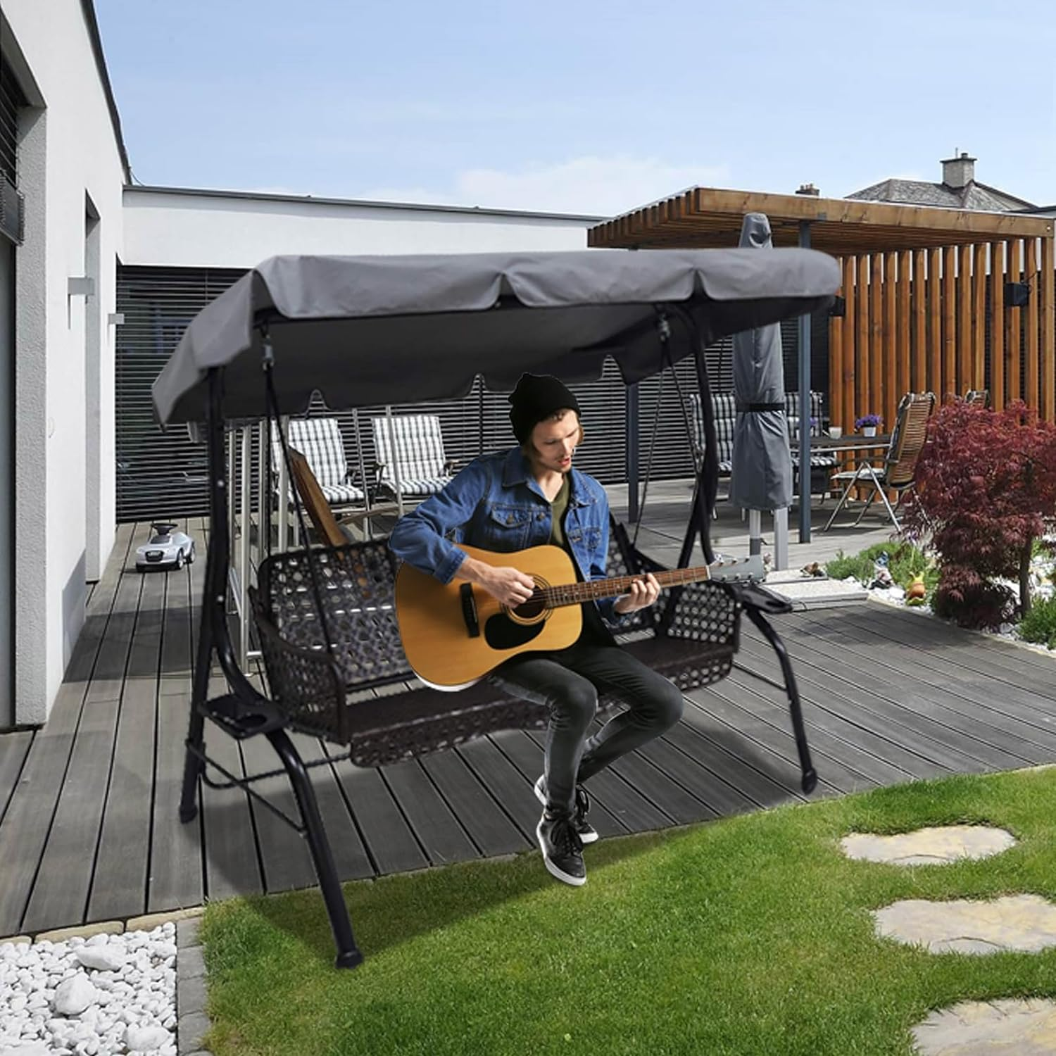 Classic 2 Seater Swing Canopy Replacement, Grey, Cotton, Waterproof, UV Protection, Easy to Install, Small: 64.5L X 44.8W X 5.9H Inch, Large: 76.7L X 49.2W X 5.9H Inch image number 4