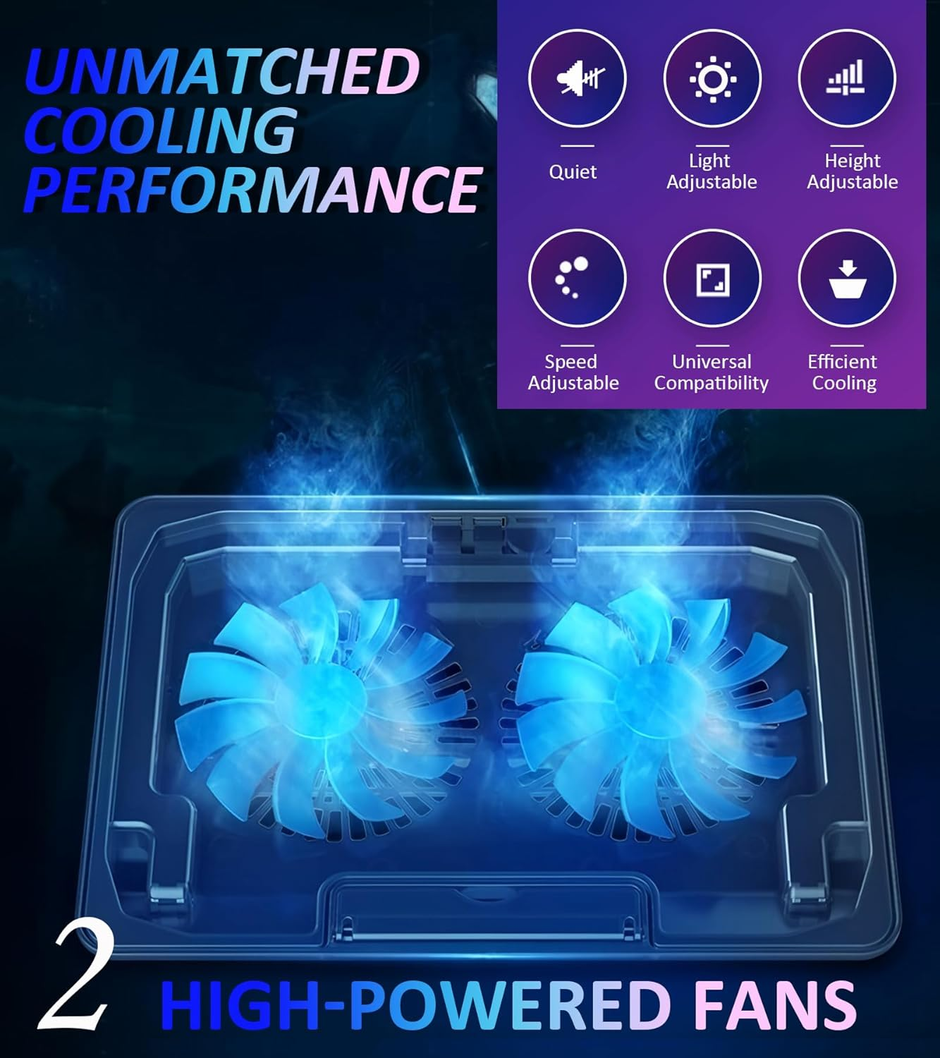 Laptop Cooling Pad with Adjustable Height, Dual 5.1" Quiet Fans & 2 USB Ports - Ergonomic Cooler Stand for 12"-15.6" Laptops (Dell, Macbook, HP, ASUS, Gaming) image number 4