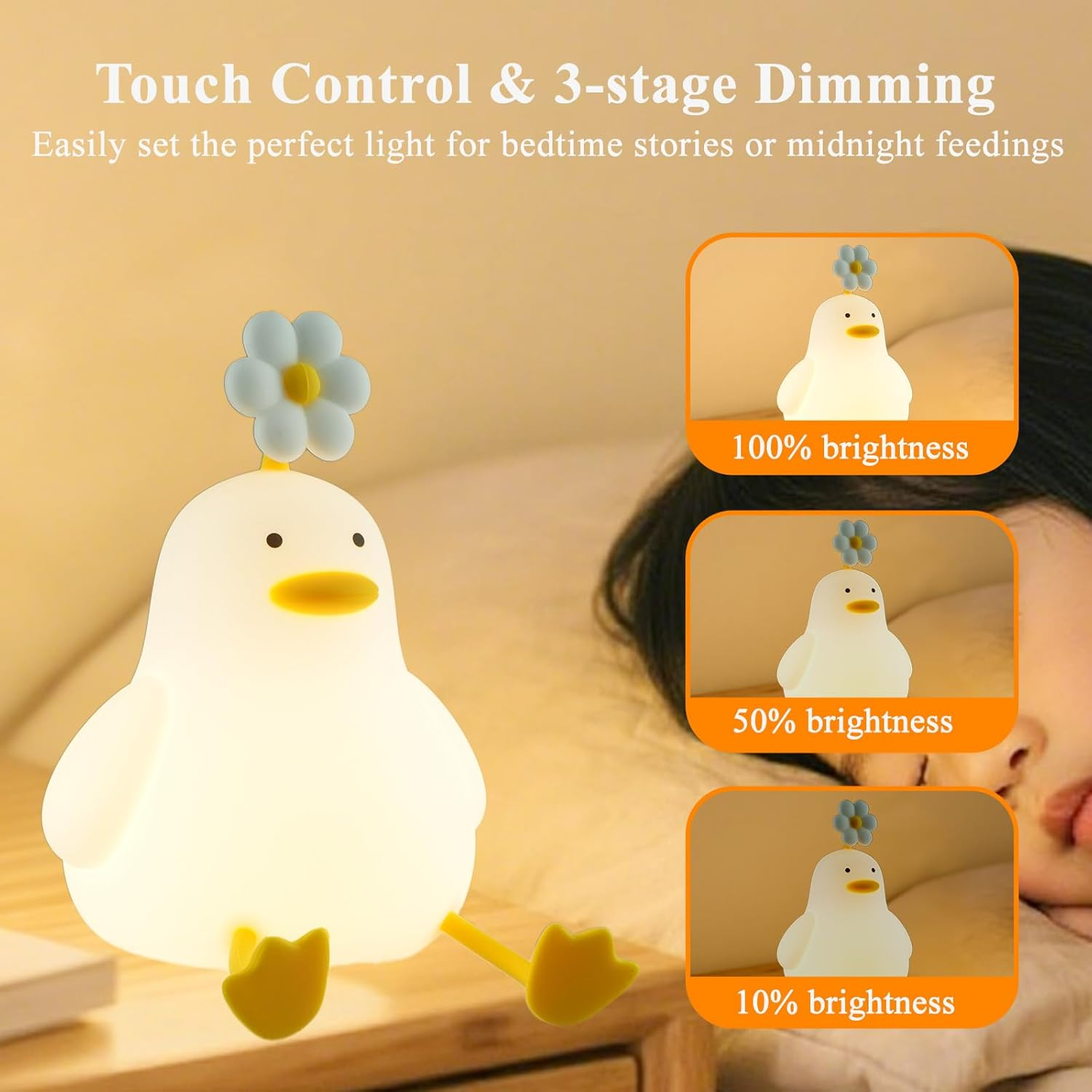 LED Night Light for Kids Warm White Dimmable Changing Kids Night Light,Portable Rechargable Nightlight for Kids Room,Silicone Baby Night Light(Duck) image number 5