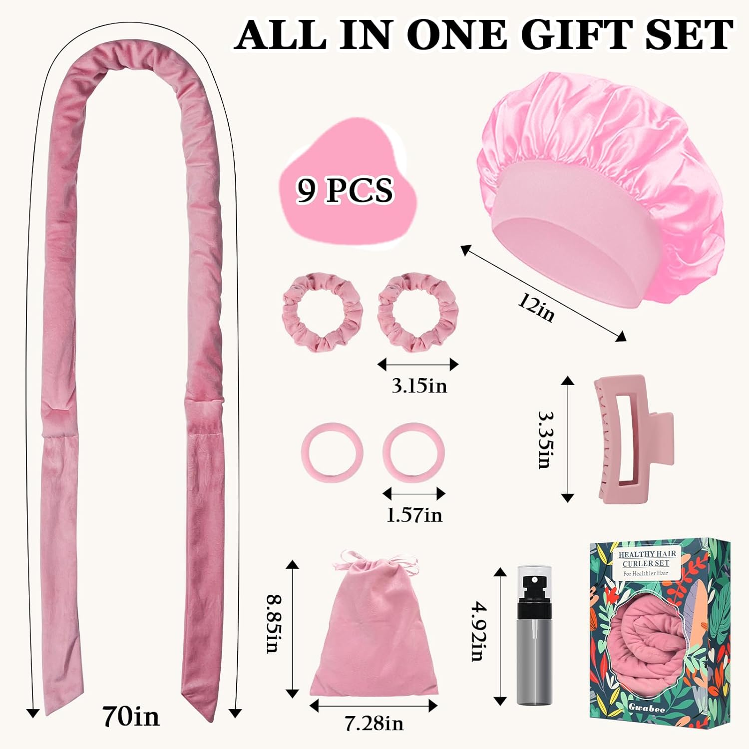 Gwabee No Heat Overnight Curl Headband, 70" Soft Ribbon Curl Wrap for Long Hair - 9 PCS Rods Set with Bonnet, Pink - Black image number 7