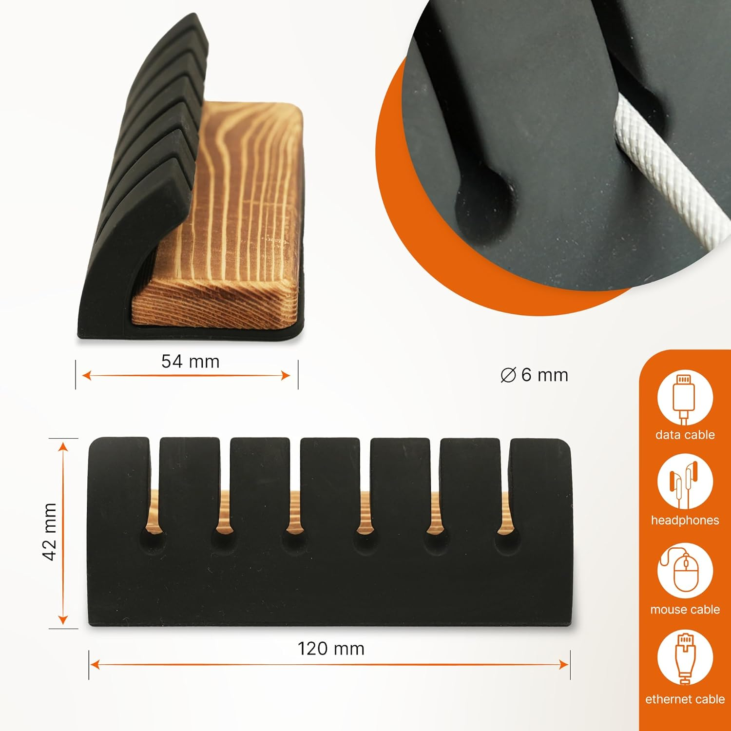 Home Office Accessories Cable Organiser - Office Desk Organiser for Cable Management - Wood and Silicone Refined Look, 6-Slots for Devices Charging Cable, Adhesive Free, Portable image number 5
