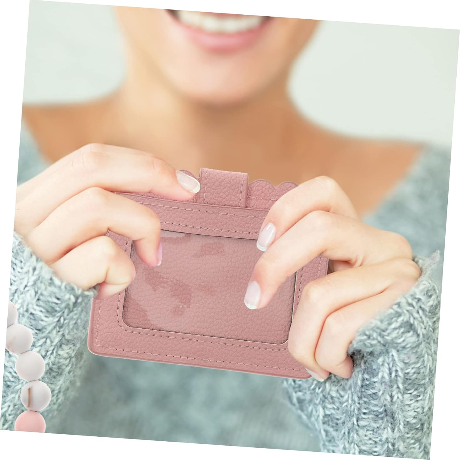 Pink Beaded Bracelet Key Ring Card Pouch Leather Wristlet Coin Pocket Portable Outdoor Keychain for Women