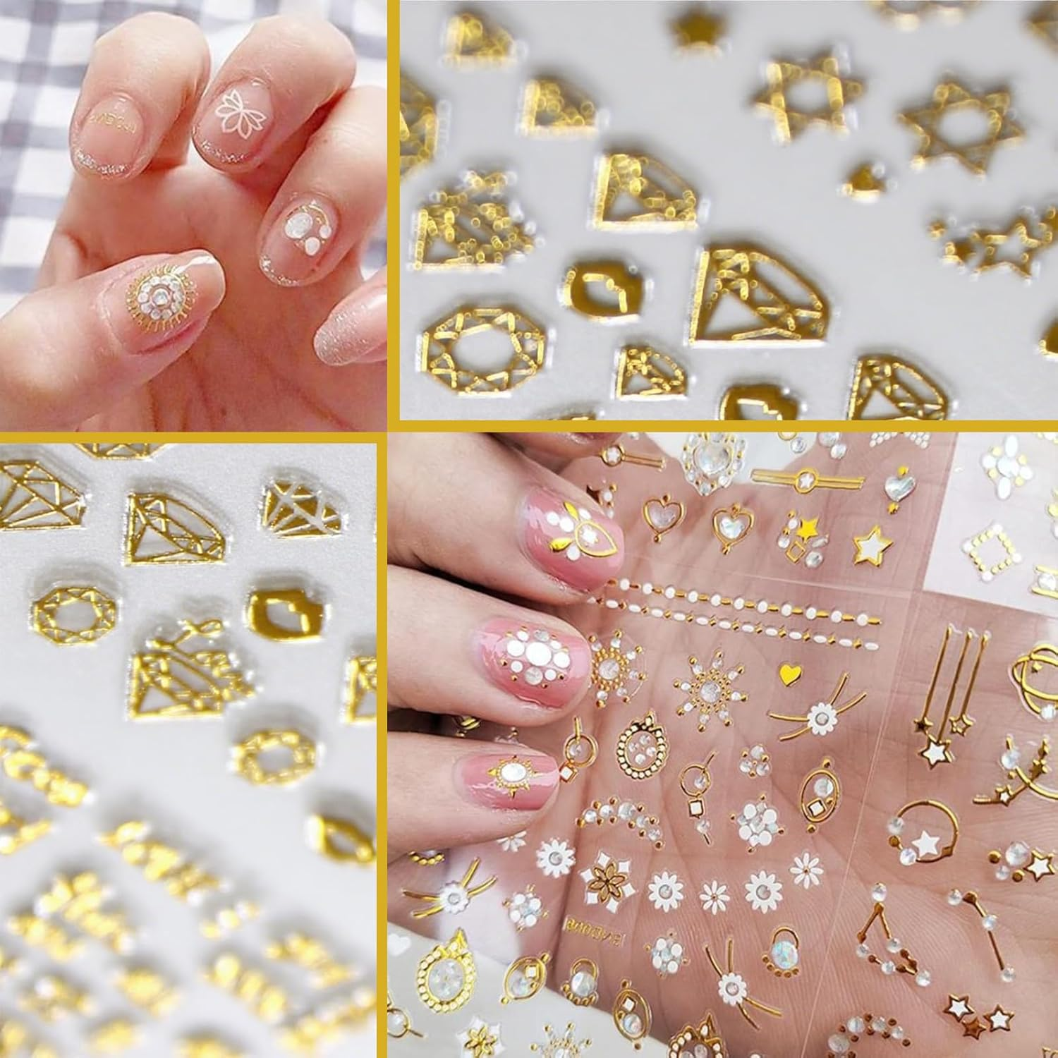 30Sheets Gold Star Nail Art Stickers,3D Self - Adhesive Nail Decals for Acrylic Nails,Gold Leaf Diamond Nail Supplies with Flower Fairy for Women Girls