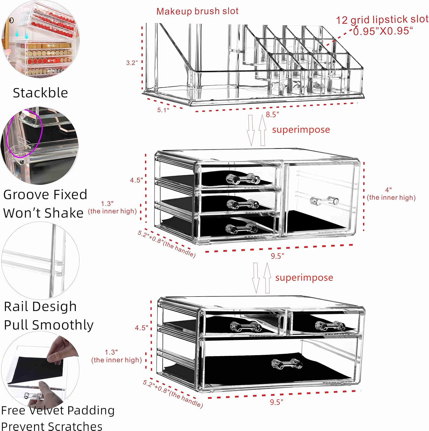 Cq Acrylic Makeup Organizer Skin Care Large Clear Cosmetic Display Cases Stackable Storage Box with with 7 Drawers and 16 Slots,Set of 3