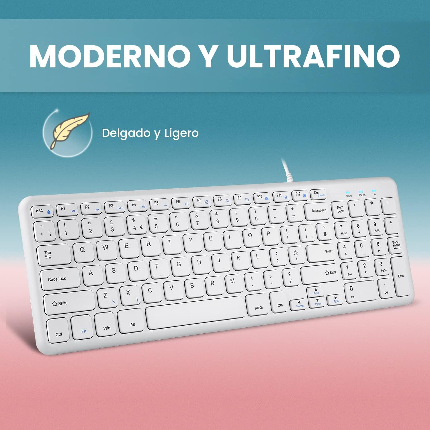 Perixx PERIBOARD-213W USB Wired Keyboard - Compact Design with Number Keypad - White - Spanish QWERTY with &Ntilde; image number 2