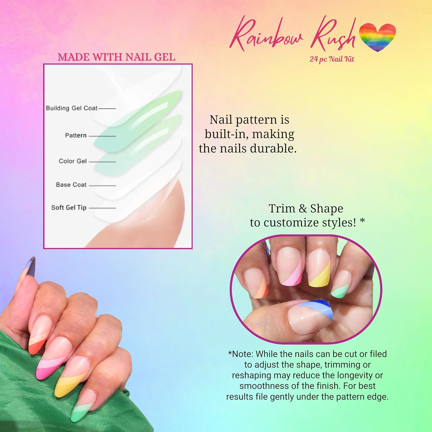 Rainbow Rush Press-On Nails Nailway X Jane Sweetpea&ndash; Salon-Quality Glossy Diagonal French Rainbow Medium Long Reusable Tips 24-Piece Set &ndash; Nail Glue & Tabs Included image number 2