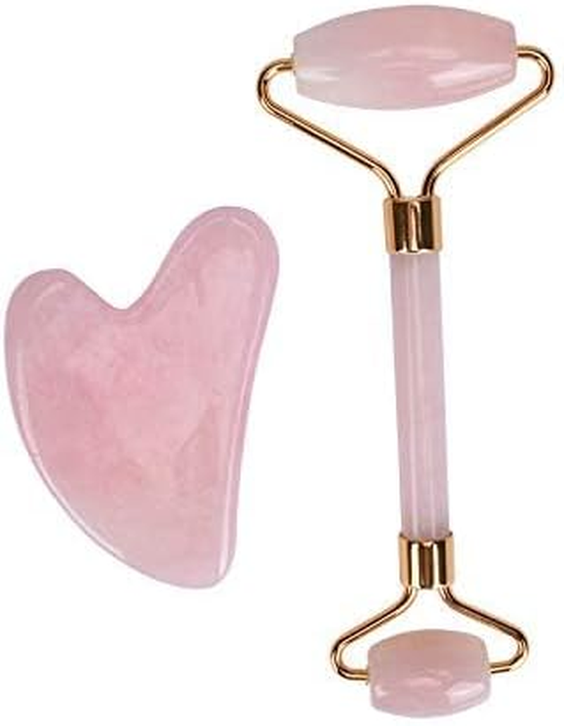 Jade Face Roller & Gua Sha Set, Facial Beauty Roller and Face Massager Skincare Tools, anti Aging, Reduce Wrinkles and Relieve Muscle Tension, Crystal Pink