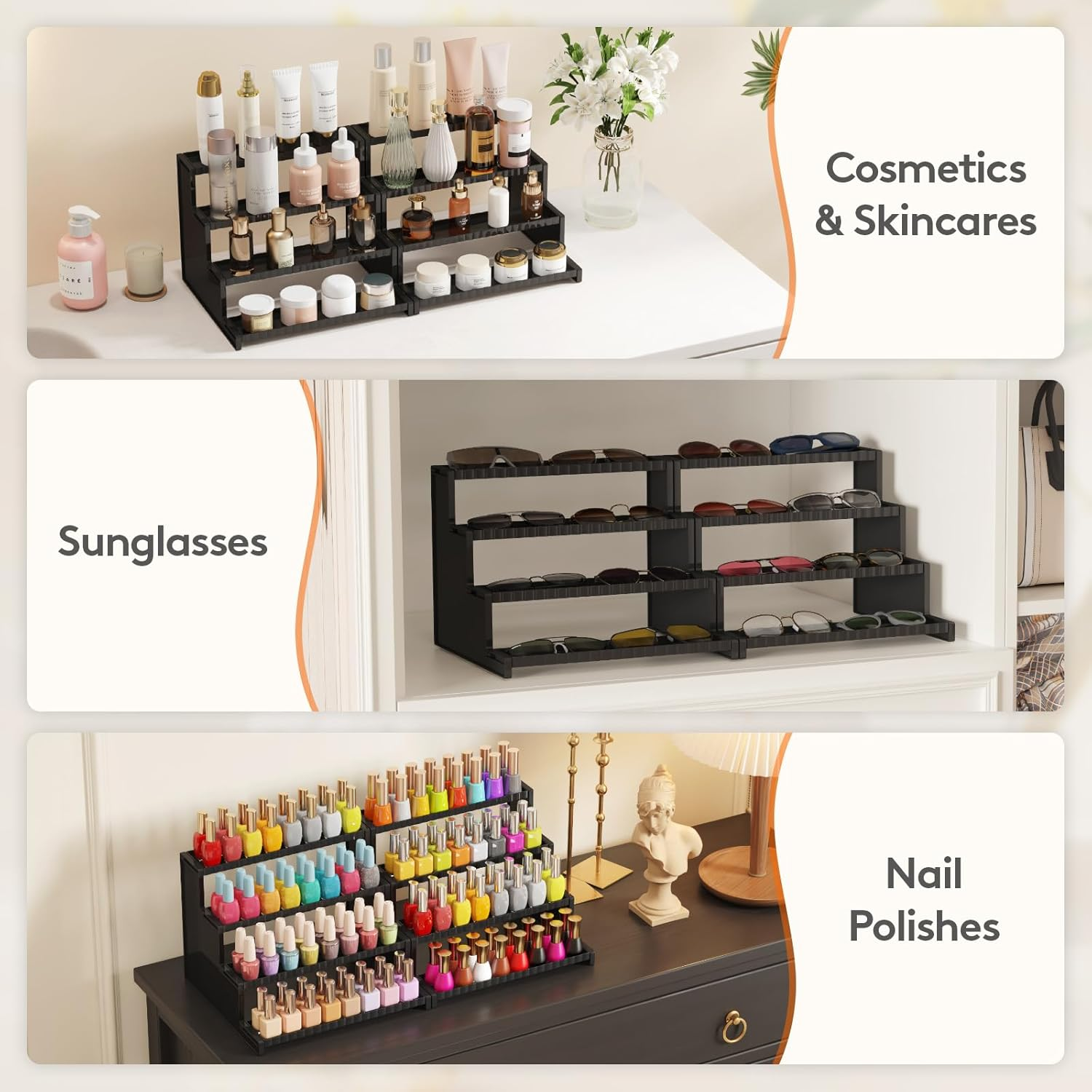 Lifewit 4 Tier Black Display Risers Stand with Decorative Fences, Plastic 12 Inch Perfume Organizer, Display for Figures, Cupcake, Dessert, Desktop Stand for Organization and Decor, 2 Pack image number 4