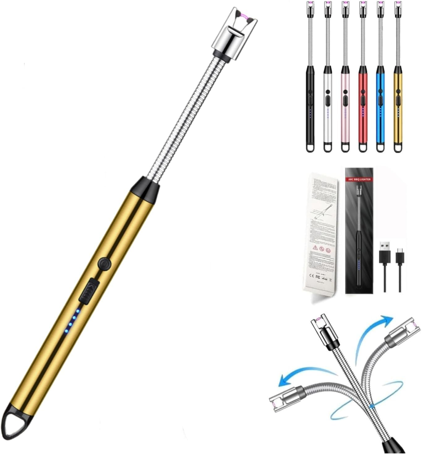 Electric Candle Lighter USB Rechargeable Long Neck Lighter Flex Flame Arc Windproof Plasma Suprus Flame for Grill Fireplace Long Matches Pack Bic Lighter for Candles Cool Lighters Clipper Black