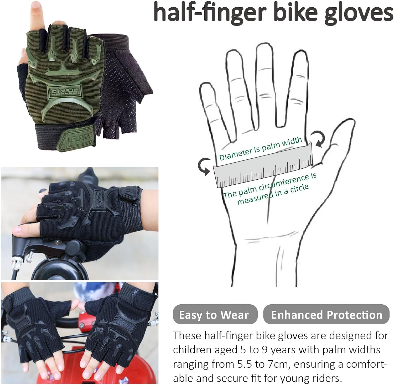 Kids Boys Girls Sport Bike Half Finger Cycling Gloves Mittens Breathable Non Slip Fingerless Riding Shockproof Sports Training Gloves UV Protection Outdoor Skateboard Gloves for 5-9Y image number 3