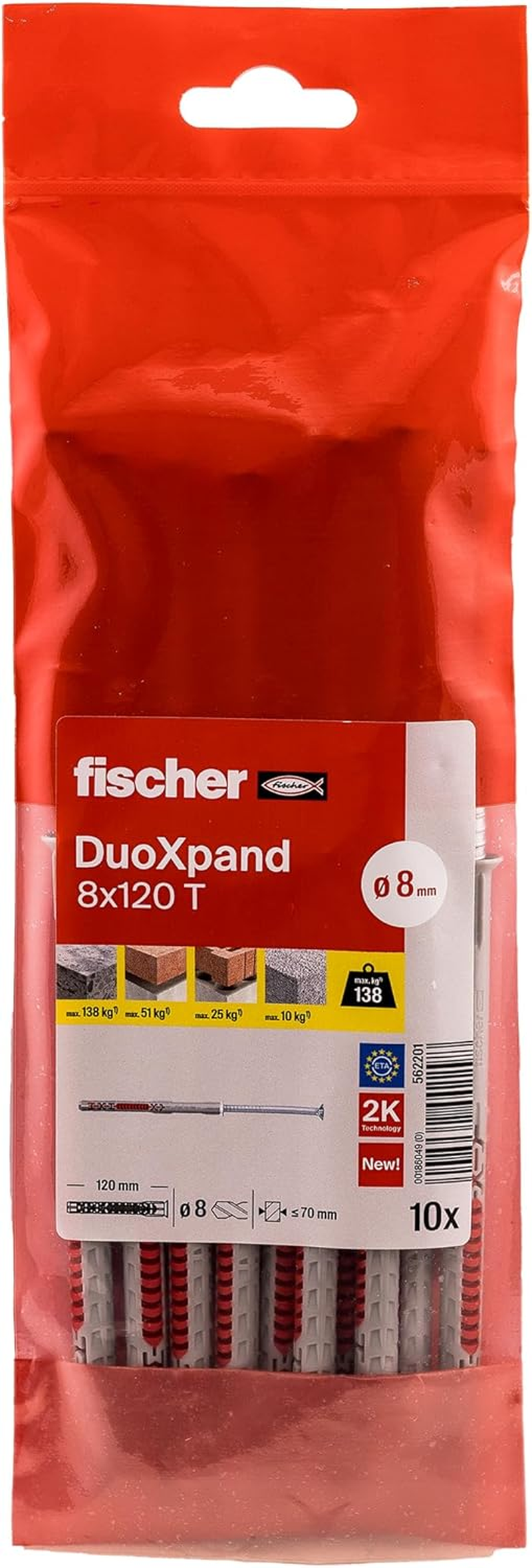 Fischer Duoxpand 8 X 120 T, Universal Dowel with Galvanised Countersunk Screw (Pack of 10), Dowels for Strong Hold, Ideal for Porous Building Materials & Close to Edge Anchors image number 4