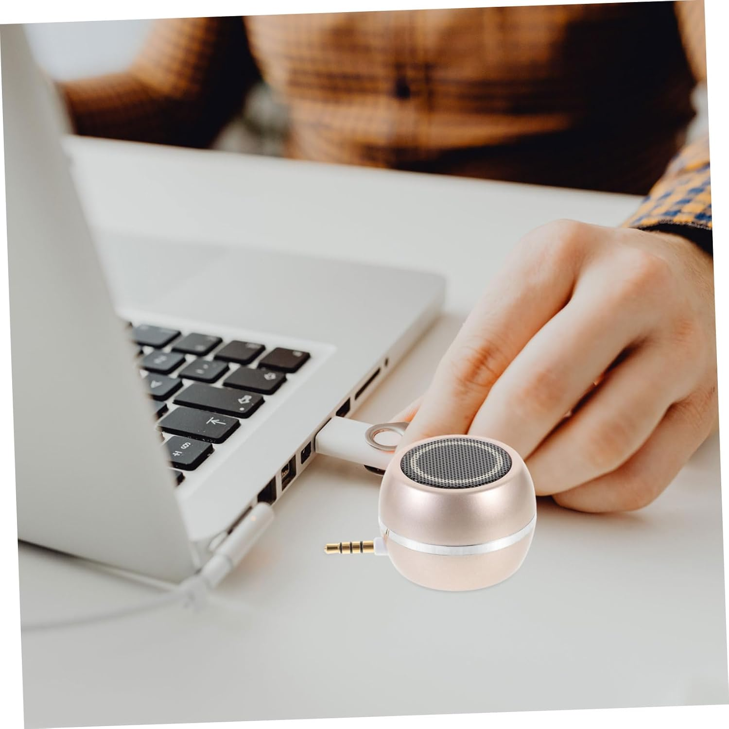 Mini Speaker 3.5Mm Aux and USB Rechargeable Desktop Loudspeaker for Mobile and Laptop, Portable Wired Aux in Speaker, Compact Gold Finish Sound System for Travel and Home Use image number 5