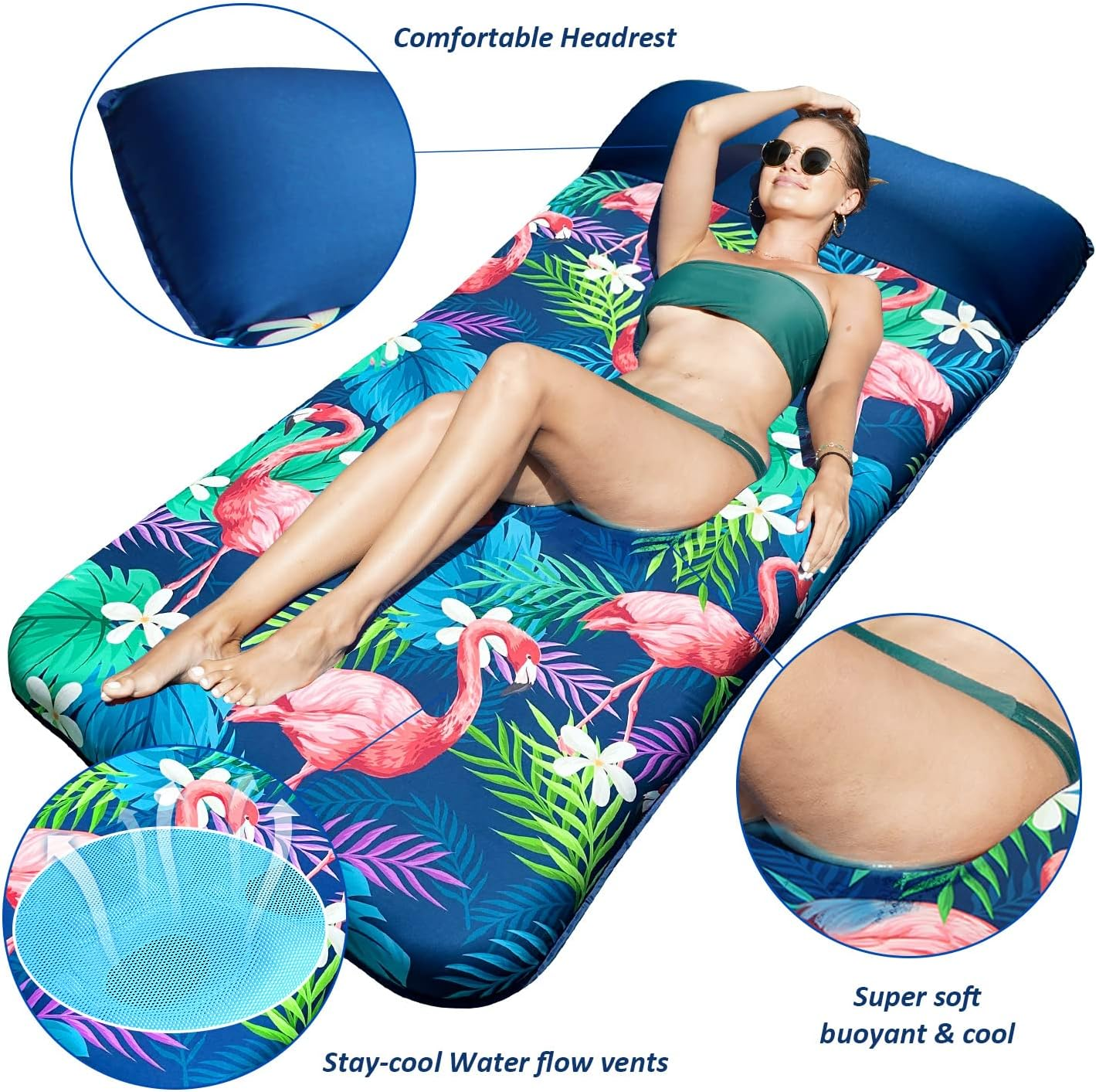Finduwill Oversized Pool Floats Adults - 72" X38'' X-Large Fabric Covered Tanning Pool Lounger, Inflatable Pool Float with Headrest, Ultra-Comfort Pool Floaties Raft Lake Beach Float(Xl, Flamingo) image number 6