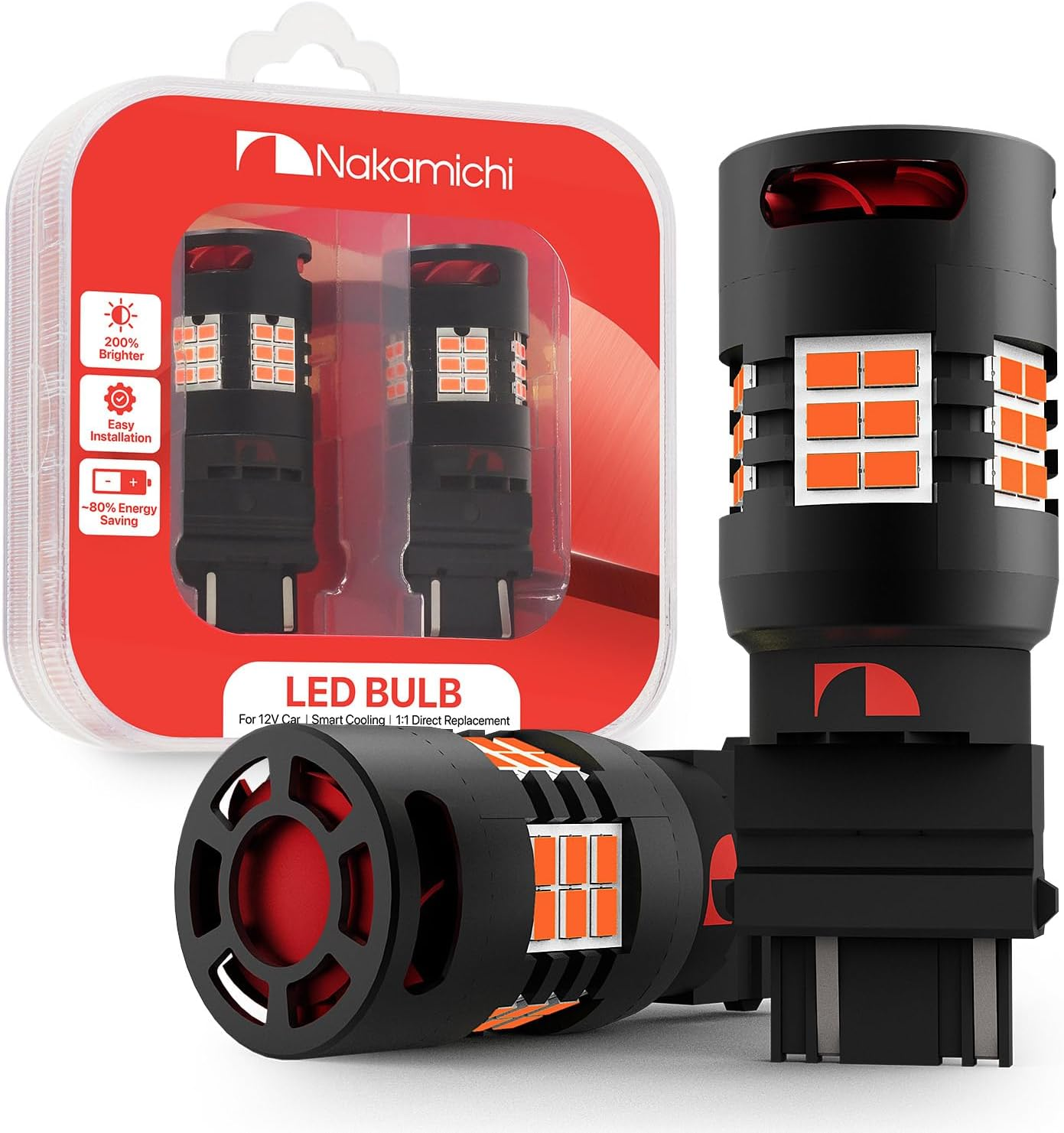 Nakamichi T20 7443 7441 7444 (W21/5W) Car LED Bulb 30-SMD 3020 Chip with Canbus Error-Free 12,000 RPM Fan for Brake Turn Signal Indicator Reverse Backup Tail Light (Monza Red, 30 Leds, Pack of 2)