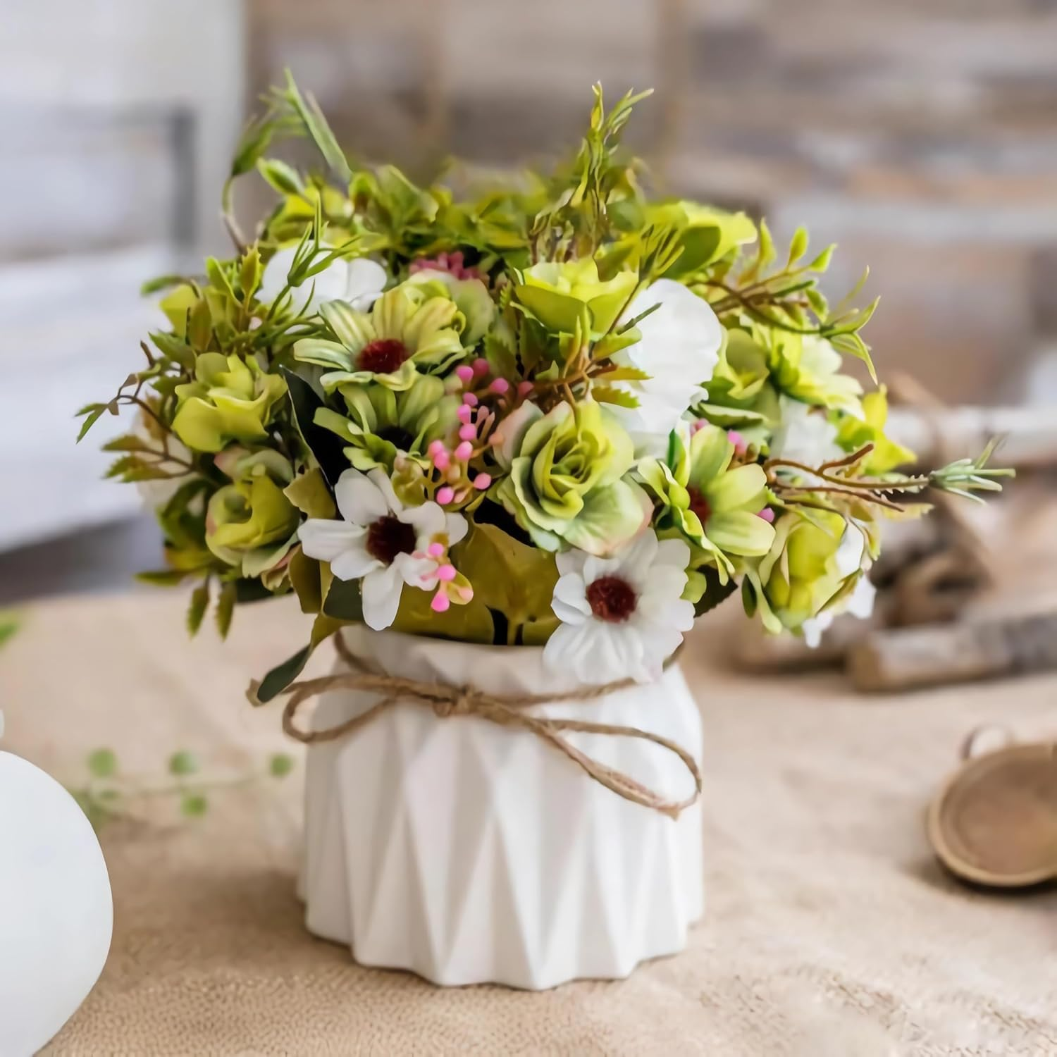 Hbluefat Small Artificial Flowers with Vase,Hydrangea Silk Roses Faux Flower in Ceramic Vase,Faux Flower Arrangement with Vase Suitable for Home Office Decoration,Dining Table Centerpiece (Vitality)