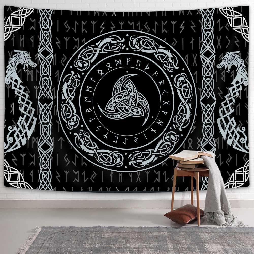 Hajmsug Vikings Tapestry,Black and White Tree Bird of Wisdom Celtic Rune Ancient Rune Totem Norse Mythology Medieval Viking Wall Art,Aesthetic Mythology Tapestry for Bedroom Living Room,60X40 Inch.