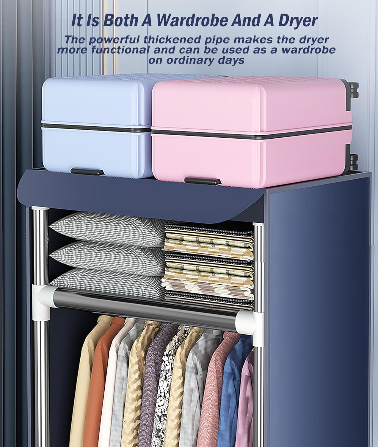 Zekroh Clothes Dryer, 2300W Drying Machine for Laundry, Three-Layer Portable Dryer Thickened Steel Pipe, Maximum Load-Bearing Capacity 100Kg, Indoor Airer Wet Laundry Drying Rack (Blue 1) (7)