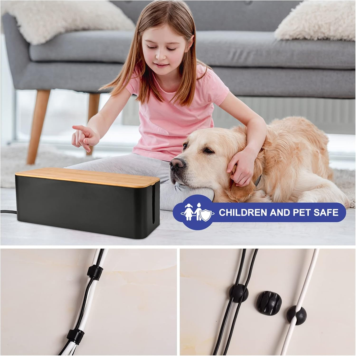 Cable Management Box - Wooden Style Cord Organizer Box to Hide Wires & Power Strips | Desk Computer Cable Organizer Box | Safe ABS Material | 12.6" (L) X 5.3" (W) 4.9" (H) | for Home & Office - Black image number 1