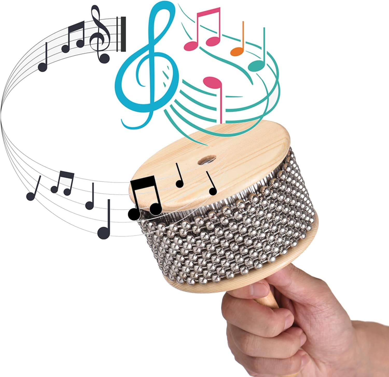 Nurdo Wooden Cabasa Percussion Musical Instrument Metal Beaded Chain&Cylinder Pop Hand Shaker for Classroom Band Medium Size image number 4