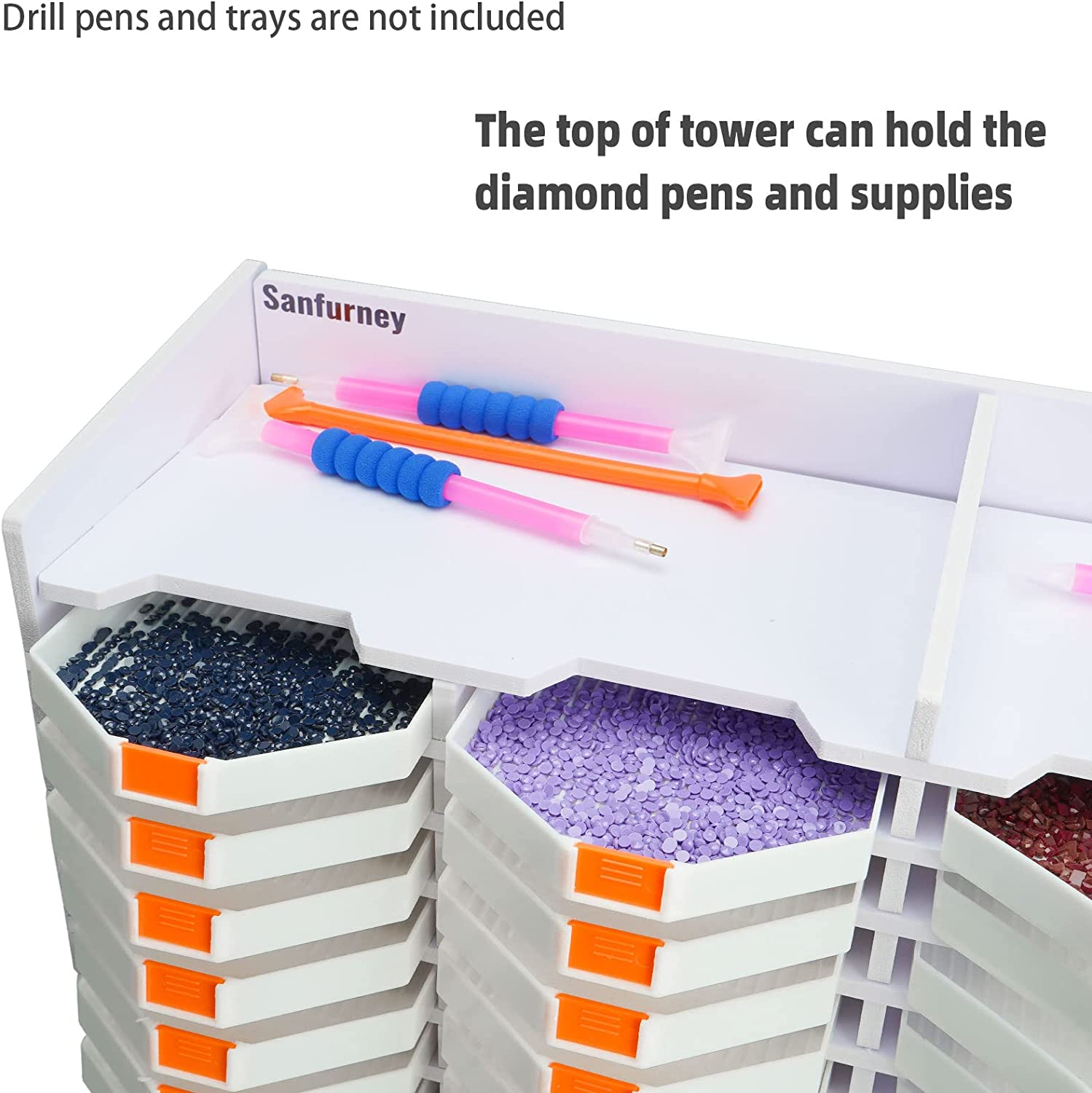 Sanfurney 32 Slots Large Diamond Painting Tray Tower Organizer with Drill Pen Holder, Multi-Boat Plates Storage Rack, Diamond Painting Accessories Tools Kits, Gift for Adults DIY Craft Arts