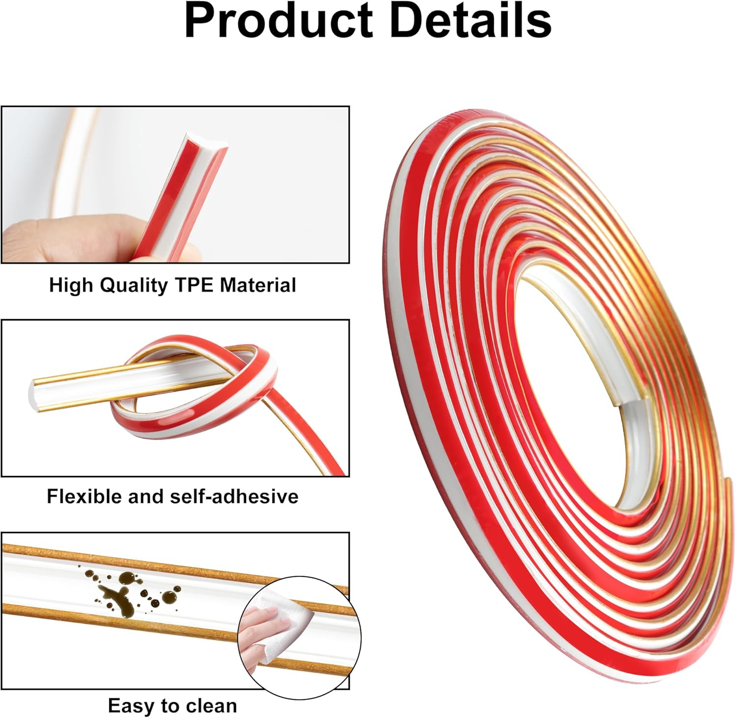 JUNART TPE Skirting Board Trim, Flexible Caulk Strip Moulding Trim, Self-Adhesive Edging Strip Coving for Wall, Ceiling, Corner Decoration, Worktops, Floor(12&times;9Mm,500Cm,White Gold) image number 1