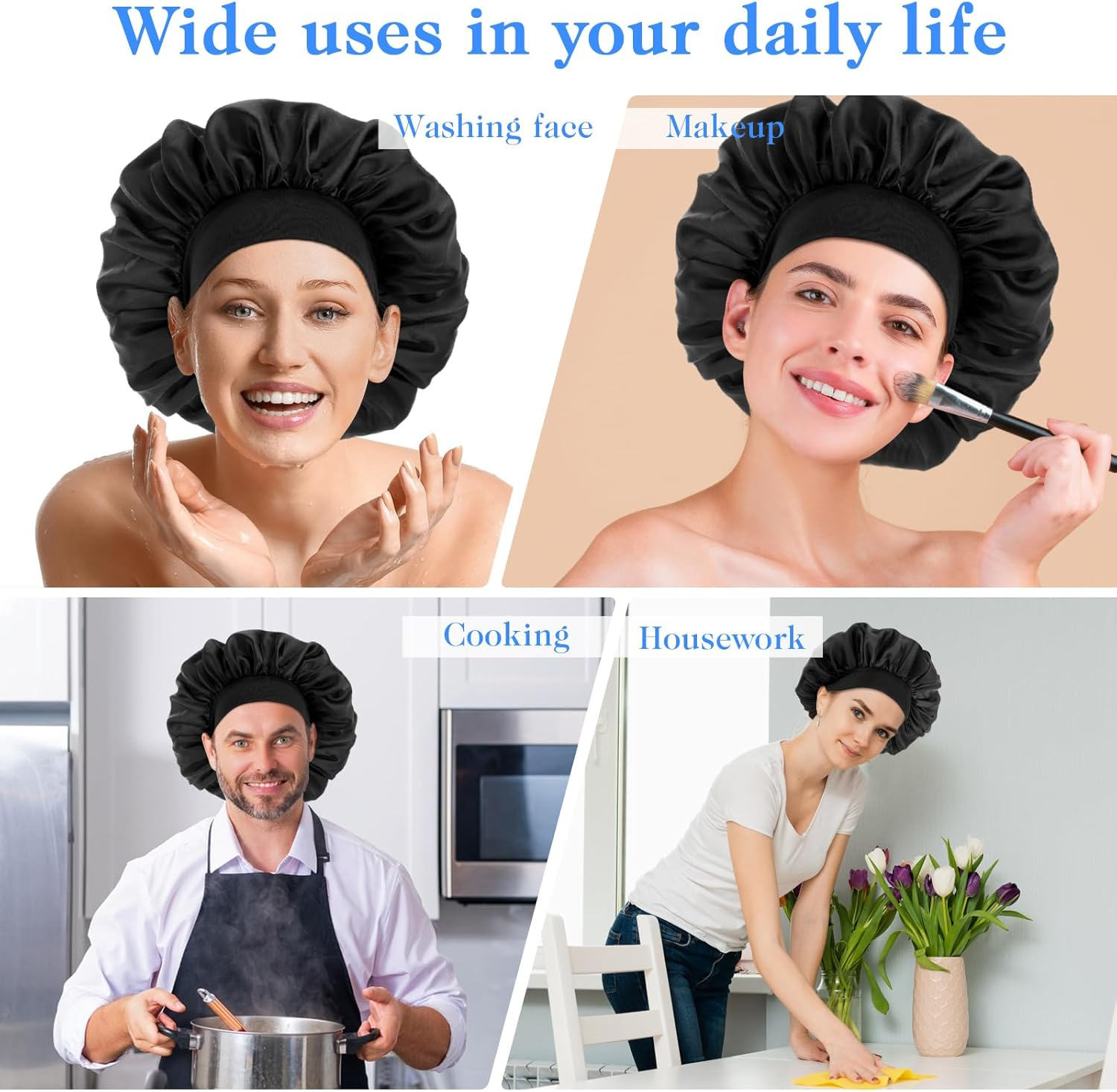 Bonnet for Men, Silk Satin Sleep Cap Single Layer Elastic Band Stretchy Tie Band Wide Soft Adjustable Hair Cap Large Silk Bonnets for Women Curly Hair Sleeping Black, Black, 3 - Dark Purple image number 3