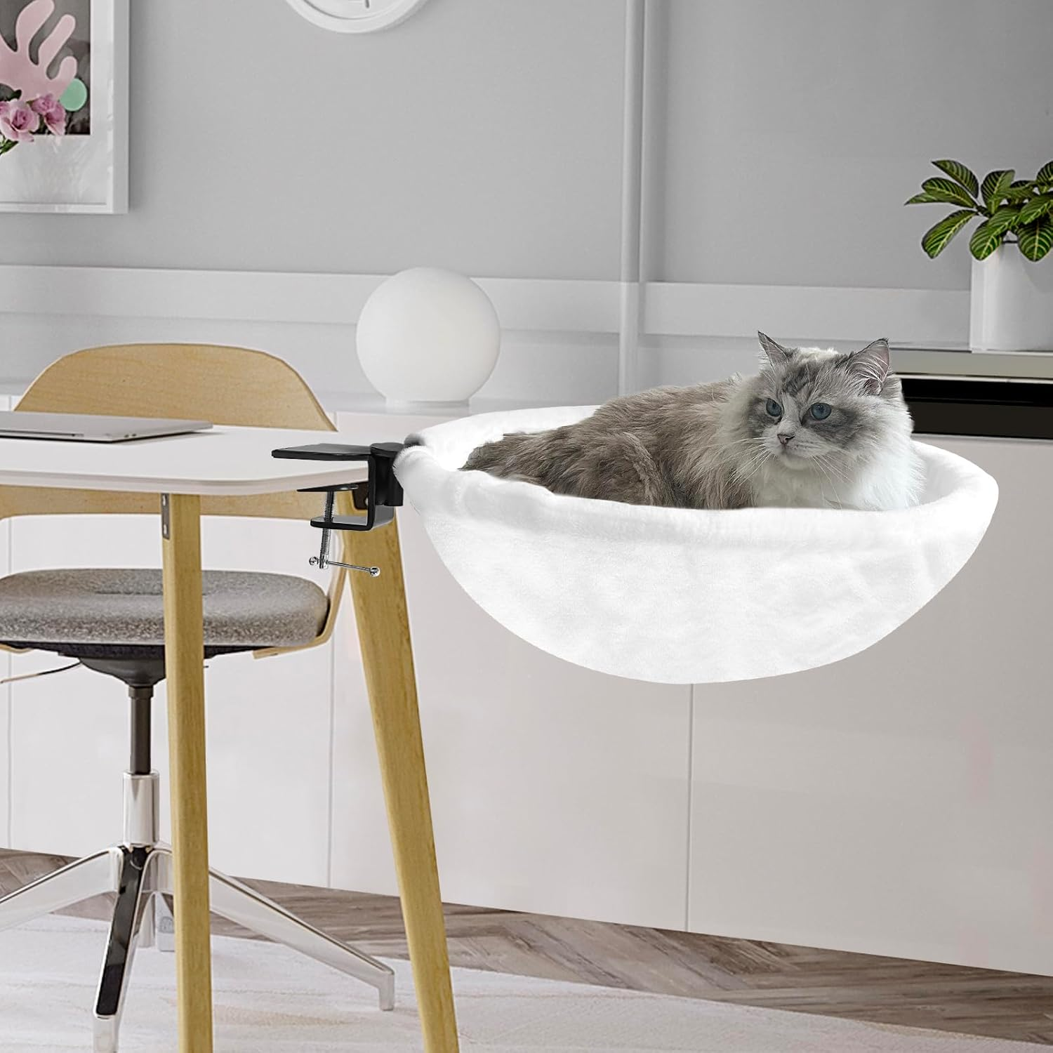 Homegroove Cat Desk Bed, Extra-Large & Space-Saving Cat Bed for Desk, Sunken Design Holds up to 40Lbs, Soft Faux Fur Material for Desk, Office, Gamers, Removable & Washable(White) image number 4