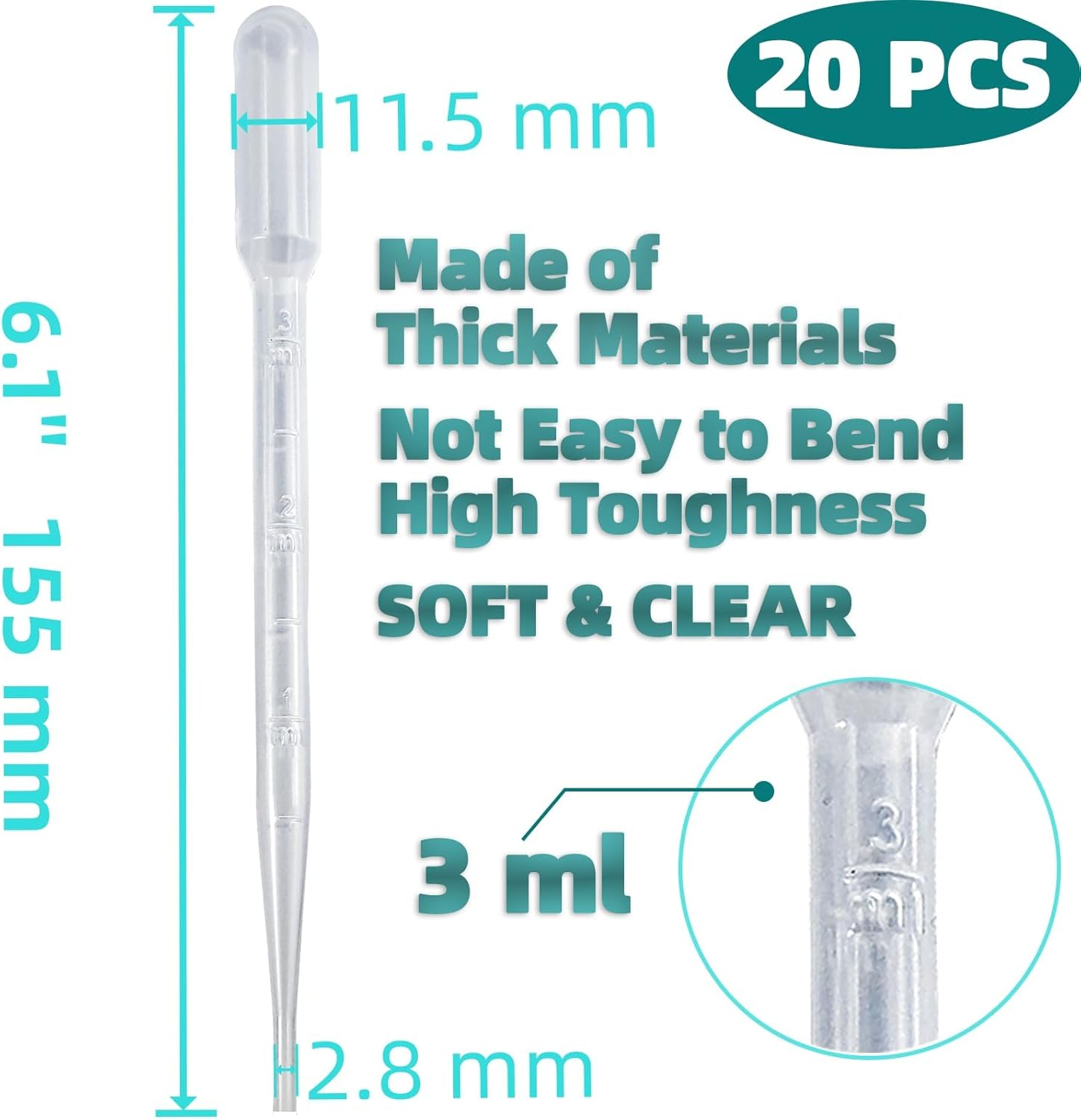 3ML Plastic Pipettes, 20 Pack Eye Droppers for Oils, Resin, Crafts, Labs, Kids Activities, Flexible Liquid Transfer image number 1