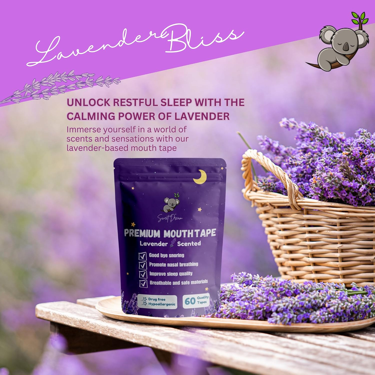 Lavender Scented Mouth Tape for Sleeping - anti Snoring Device & Snore Reducing Aid - Sleep Strips for Nasal Breathing, Promote Nose Breathing - Hypoallergenic Sleep Tape - Strong Medical-Grade Adhesive &ndash; 60 Counts.