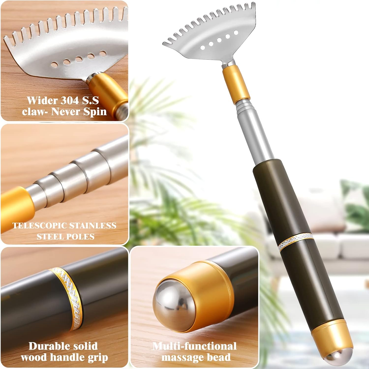 Long Back Scratcher Extendable for Women Men Adults, Sturdy Claw/Anti-Slip Handle/Massage Roller, Portable Metal Head Body Hand Scratcher Massager image number 6