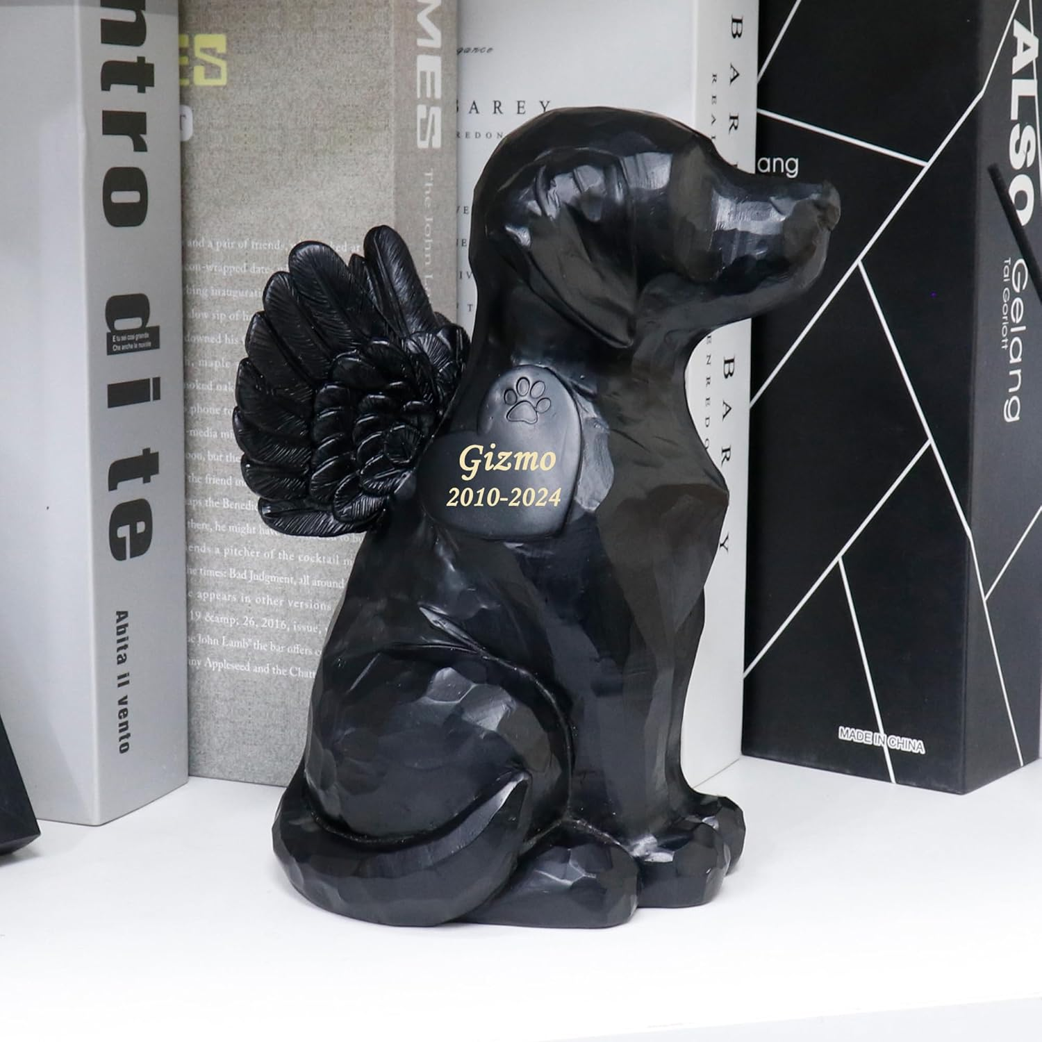 Wound Personalized Black Dog Angel Memorial Garden Statue, Dog Pet Memorial Grave Marker Tribute Statue, with Dog Cremation Urn Features- 7.4Inch（H） image number 2