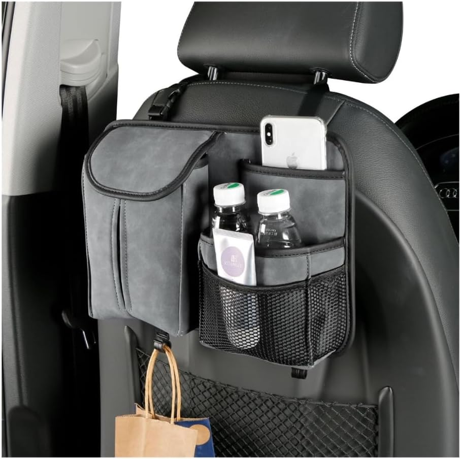 Premium Grey Car Seat Organizer with PU Leather Flip-Top Tissue Box &ndash; Luxury Hanging Storage Bag for Cars, Multi-Pocket Backseat Organizer, Universal Fit image number 4