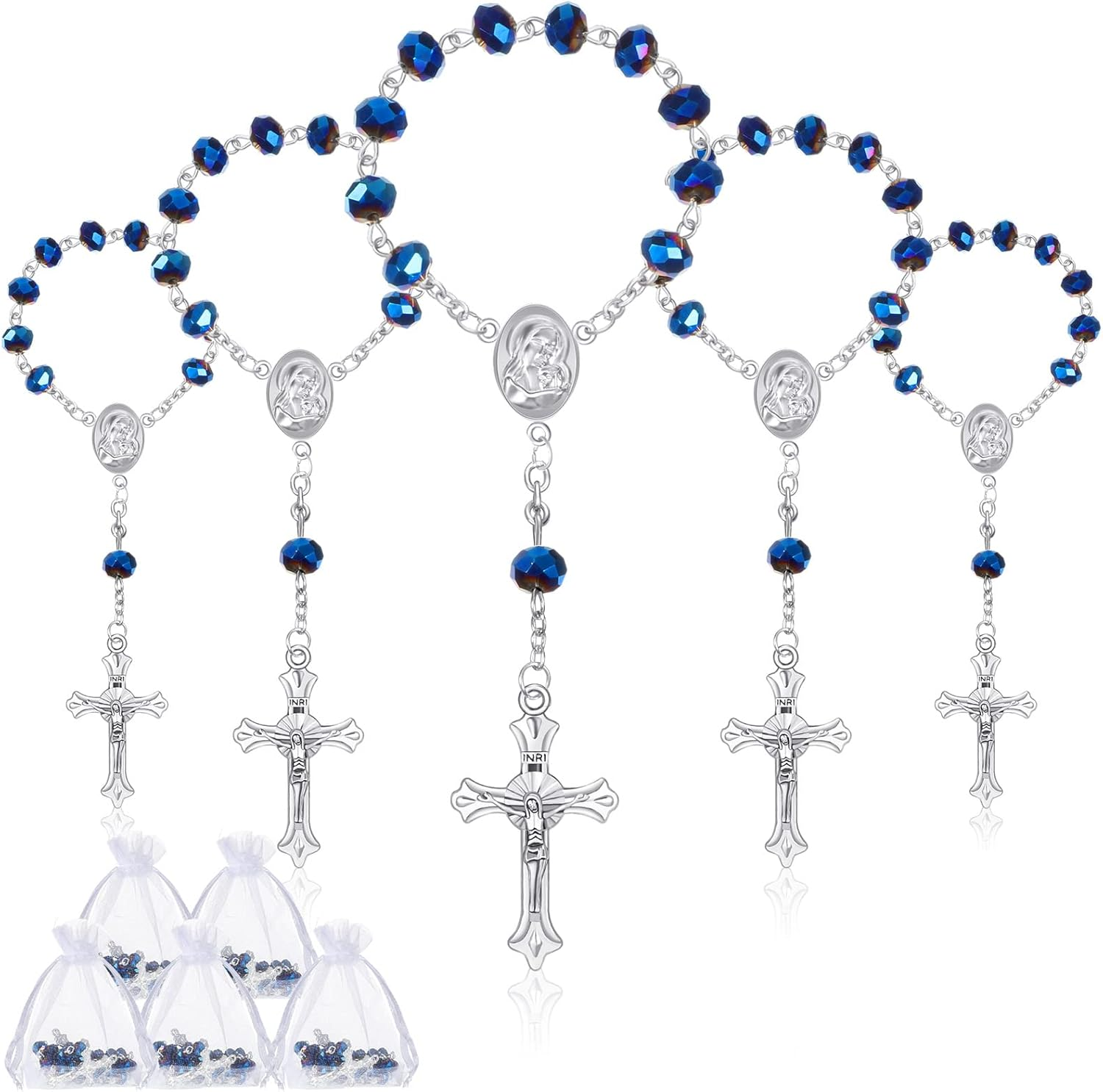 Yinkin 30 Pieces Catholic Mini Rosaries for Baptism Favors, Party Guests with 30 Organza Bags for Christening, Weddings, First Communion Gift (Blue), 7 image number 1