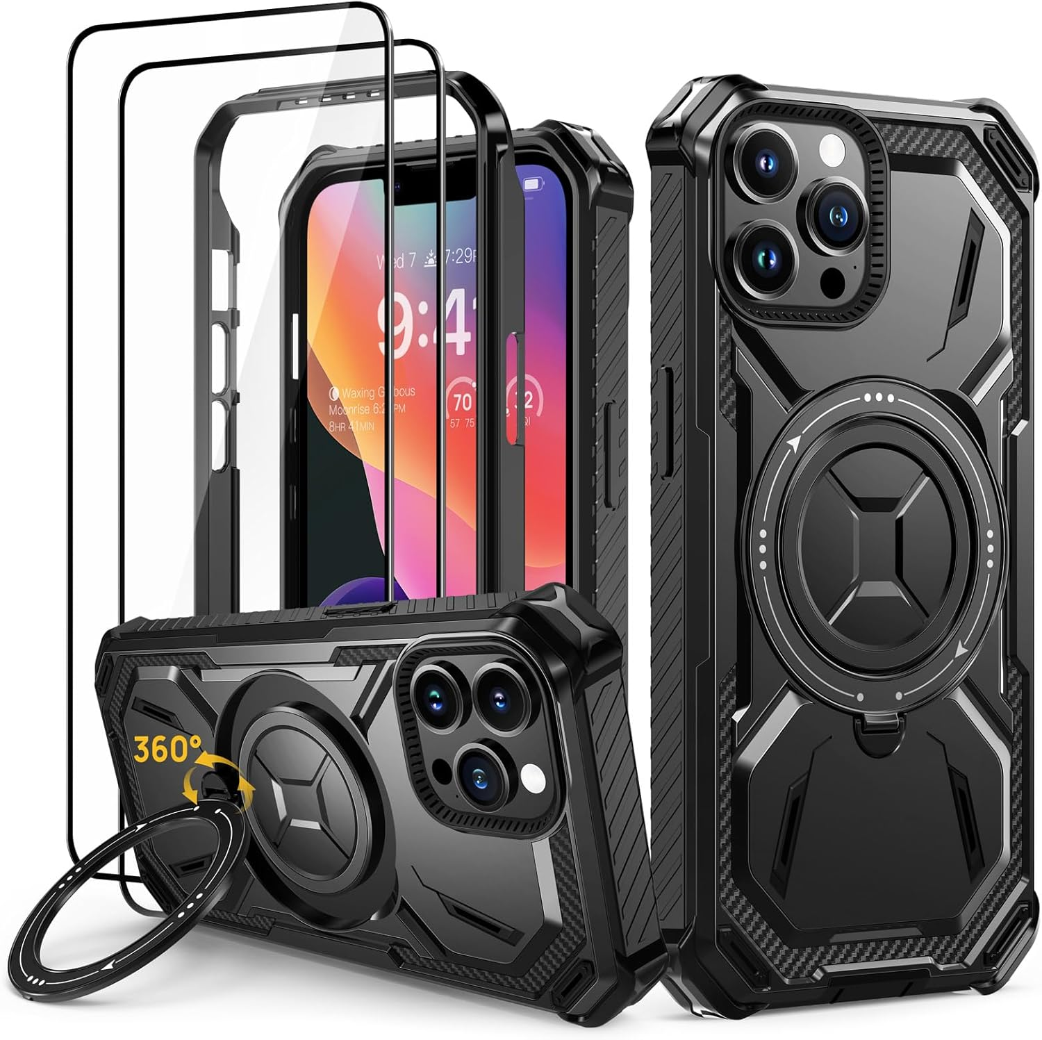 Lanhiem for Iphone 14 Case/Iphone 13 Case with 2 Pack Screen Protector, Shockproof Military-Grade Protection, Magnetic Kickstand Phone Case for Iphone 14/13, Black