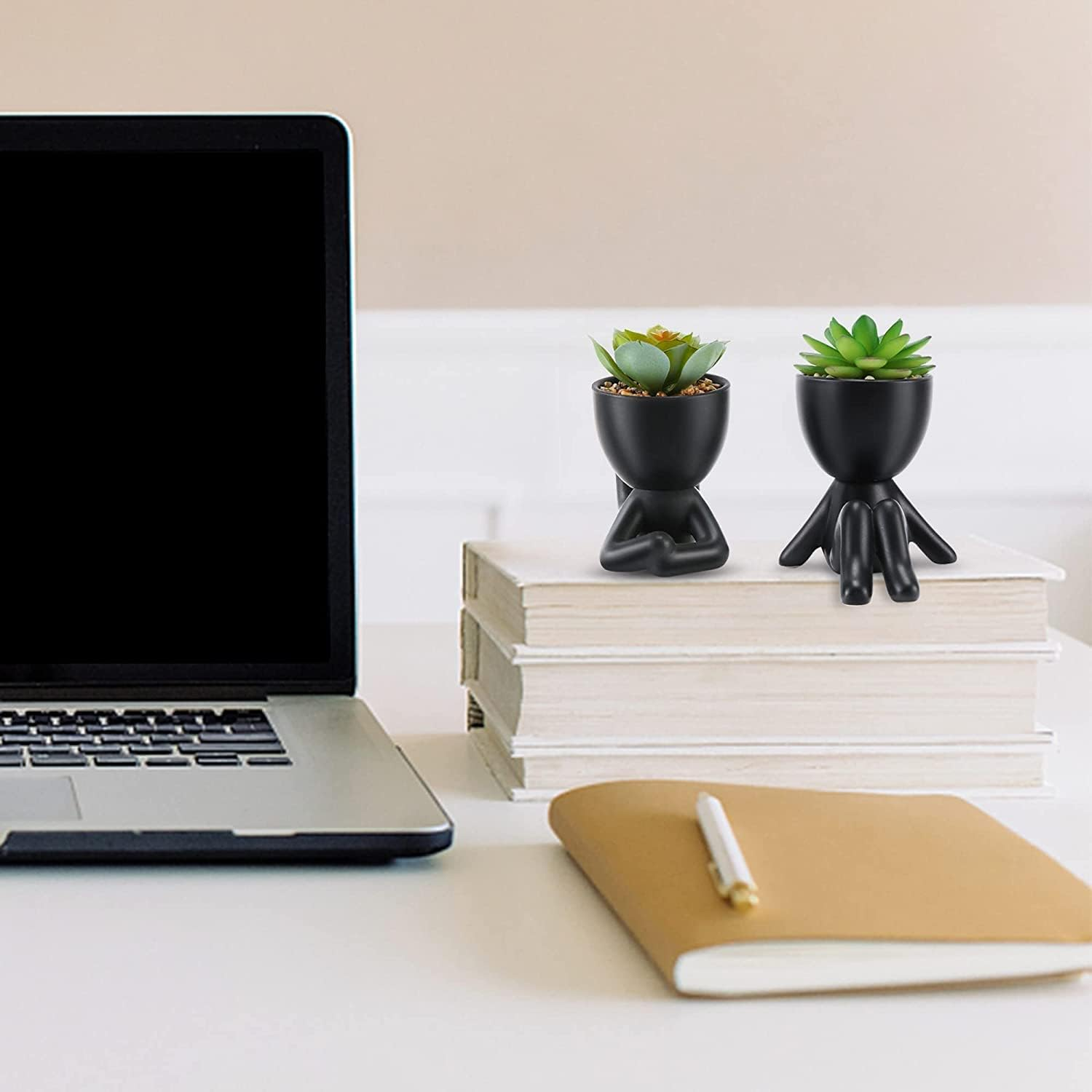 Fake Succulent, Mini Succulents Plants Artificial in Black Modern Human Shaped Ceramic Pots Cute Desk Decor Desk Plant for Office Decor, Cute Fake Plants Bathroom Decor 2PCS image number 2