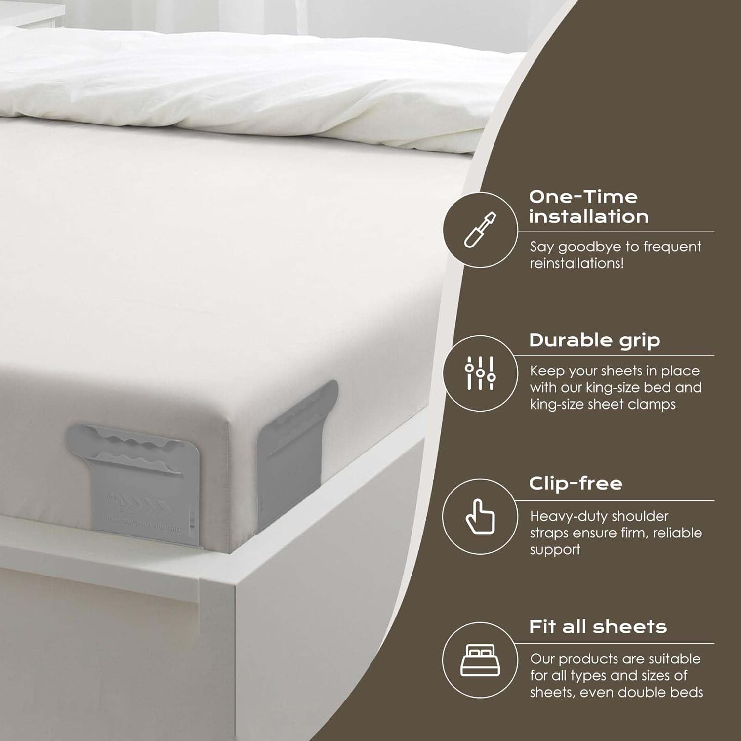 Bed Sheet Holder &ndash; Premium Lock Fitted Sheet Holder, Heavy-Duty Bed Sheet Fasteners, Secure Corner Straps for All Mattress Sizes, Easy to Install（Gray） image number 5