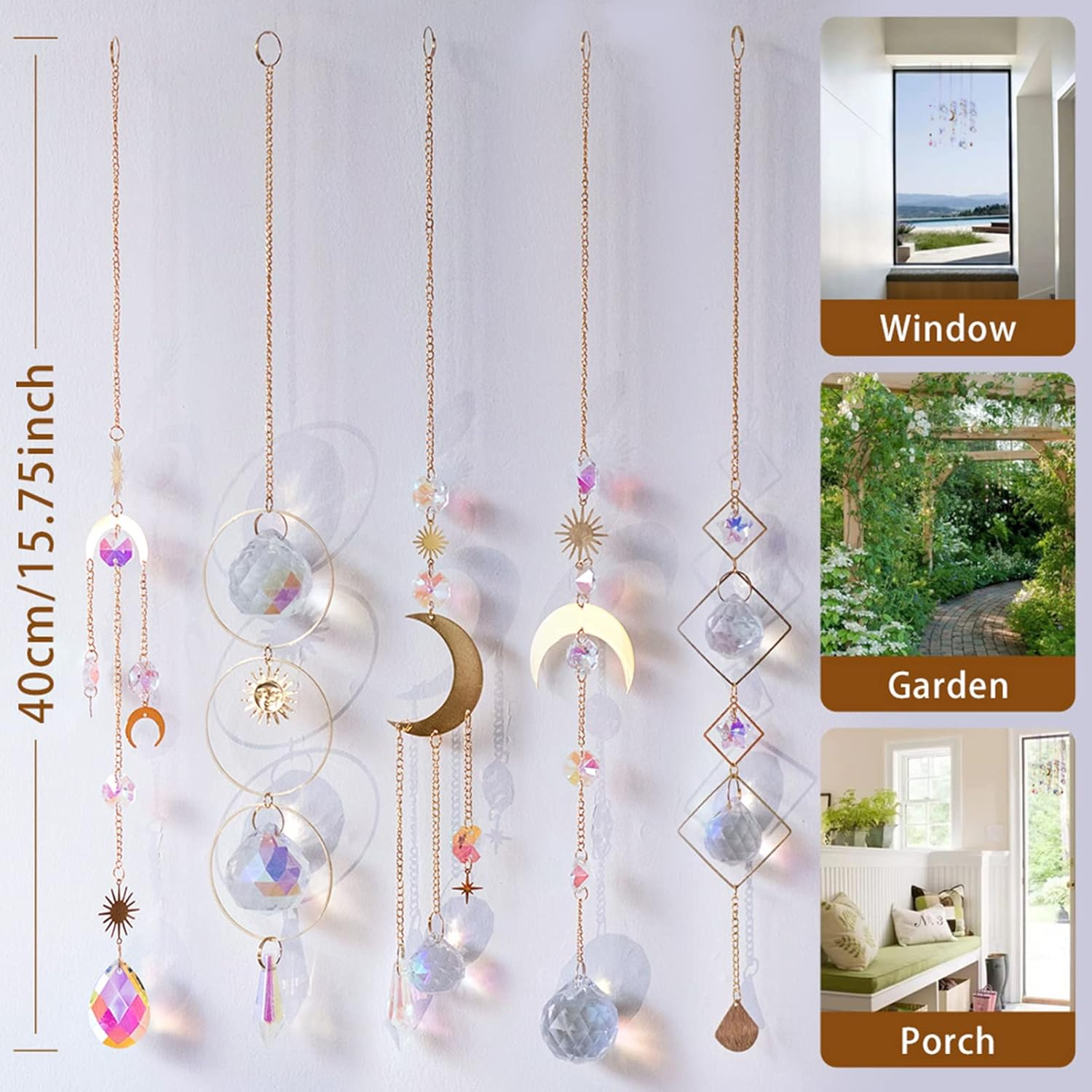 Nuyikaso 5Pcs Suncatcher Crystal Hanging Wind Chimes Rainbow Sun Moon Pendant Sun Catcher Balls for Window Home Garden Christmas Day Party Wedding Decor Gold image number 2