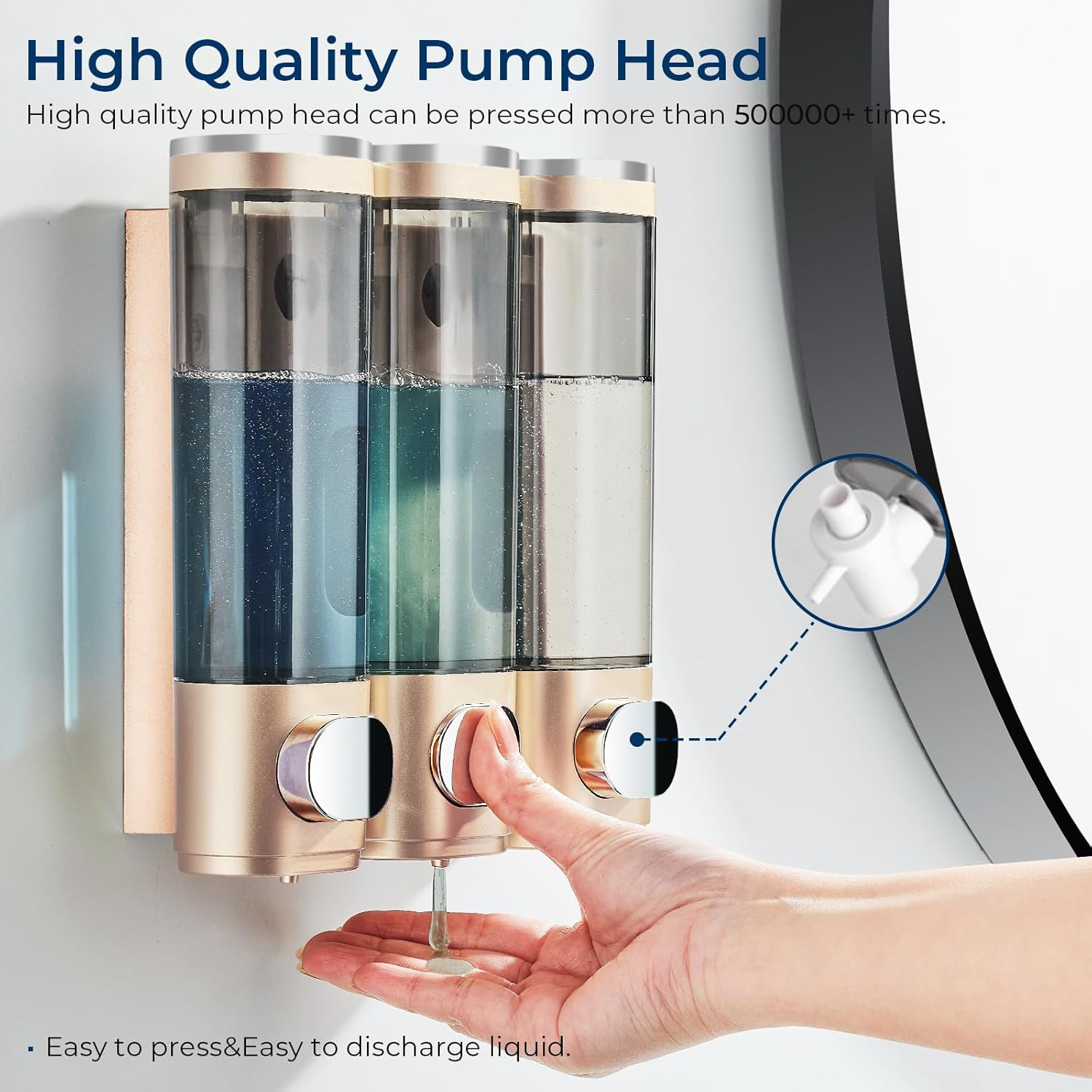 Pollock Shampoo Conditioner Dispenser Shower Soap Dispenser 3 Chamber No Drill Shampoo Dispenser for Shower Wall Mounted Shampoo Conditioner Body Wash Dispenser for Bathroom Hotel Gold image number 5