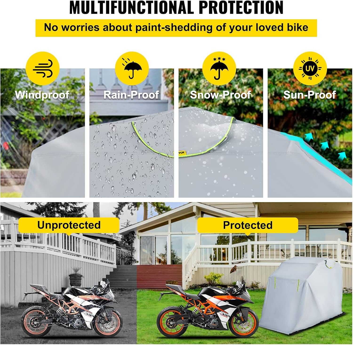 VEVOR Motorcycle Shelter, Waterproof Motorcycle Cover, Heavy Duty Motorcycle Shelter Shed, 420D Oxford Motorbike Shed Anti-Uv, 133.9"X53.9"X76.8" Grey Shelter Storage Garage Tent W/Lock & Weight Bag image number 1