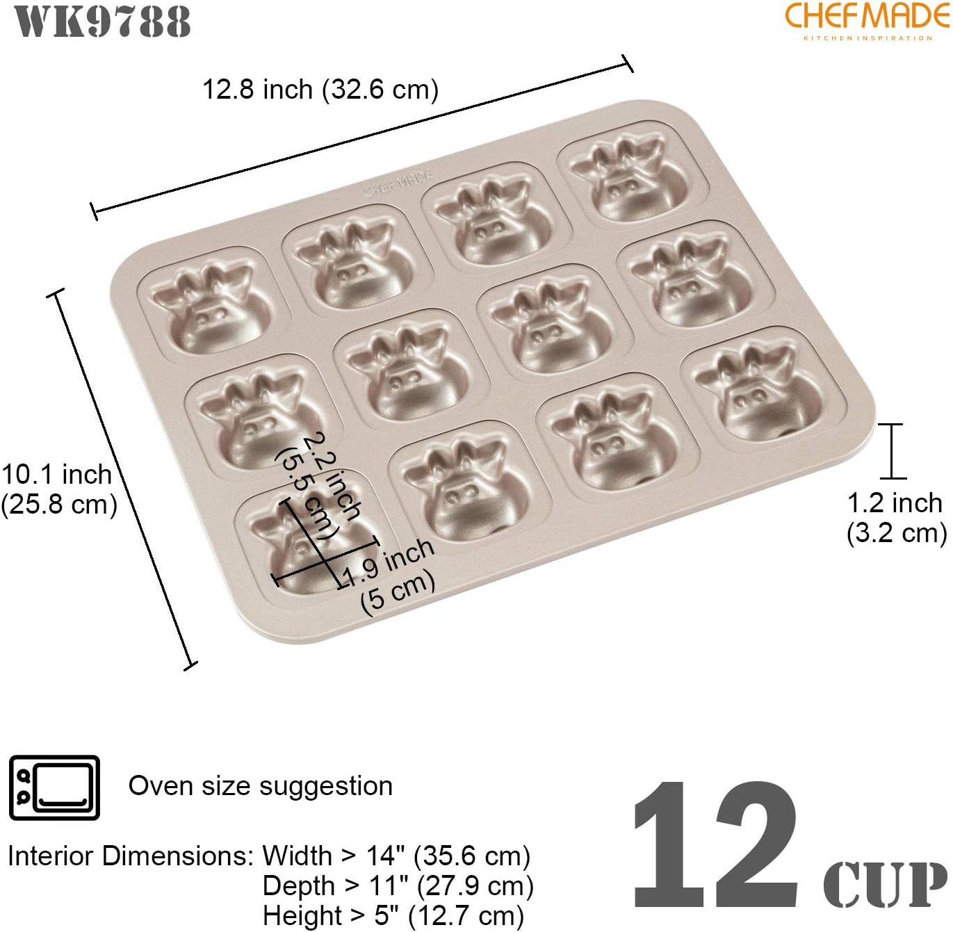 CHEFMADE Cows Cake Pan, 12-Cavity Non-Stick Animal Muffin Bakeware for Oven Baking (Champagne Gold) image number 3