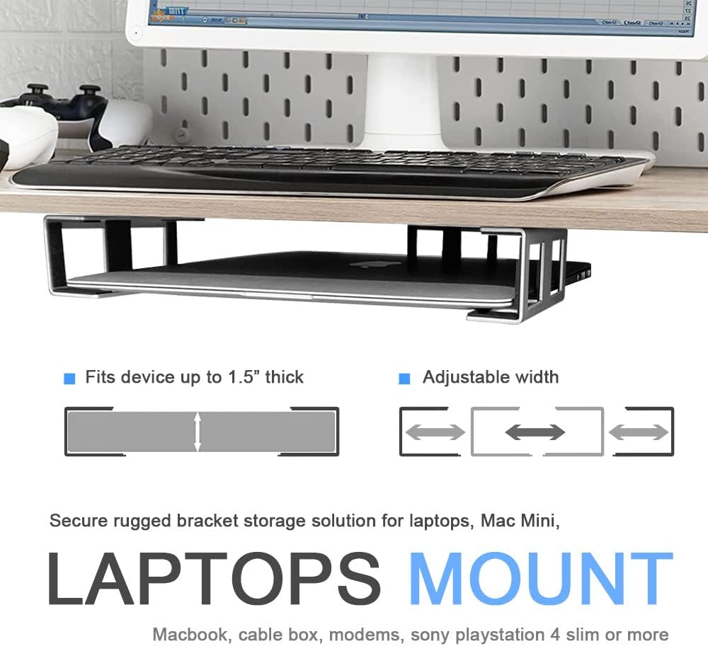 Under Desk Laptop Mount, JEMACHE Aluminium under Desk Shelf Holder for Laptop, Mac Mini, Macbook with Anti-Scratch Silicone (Silver) image number 2
