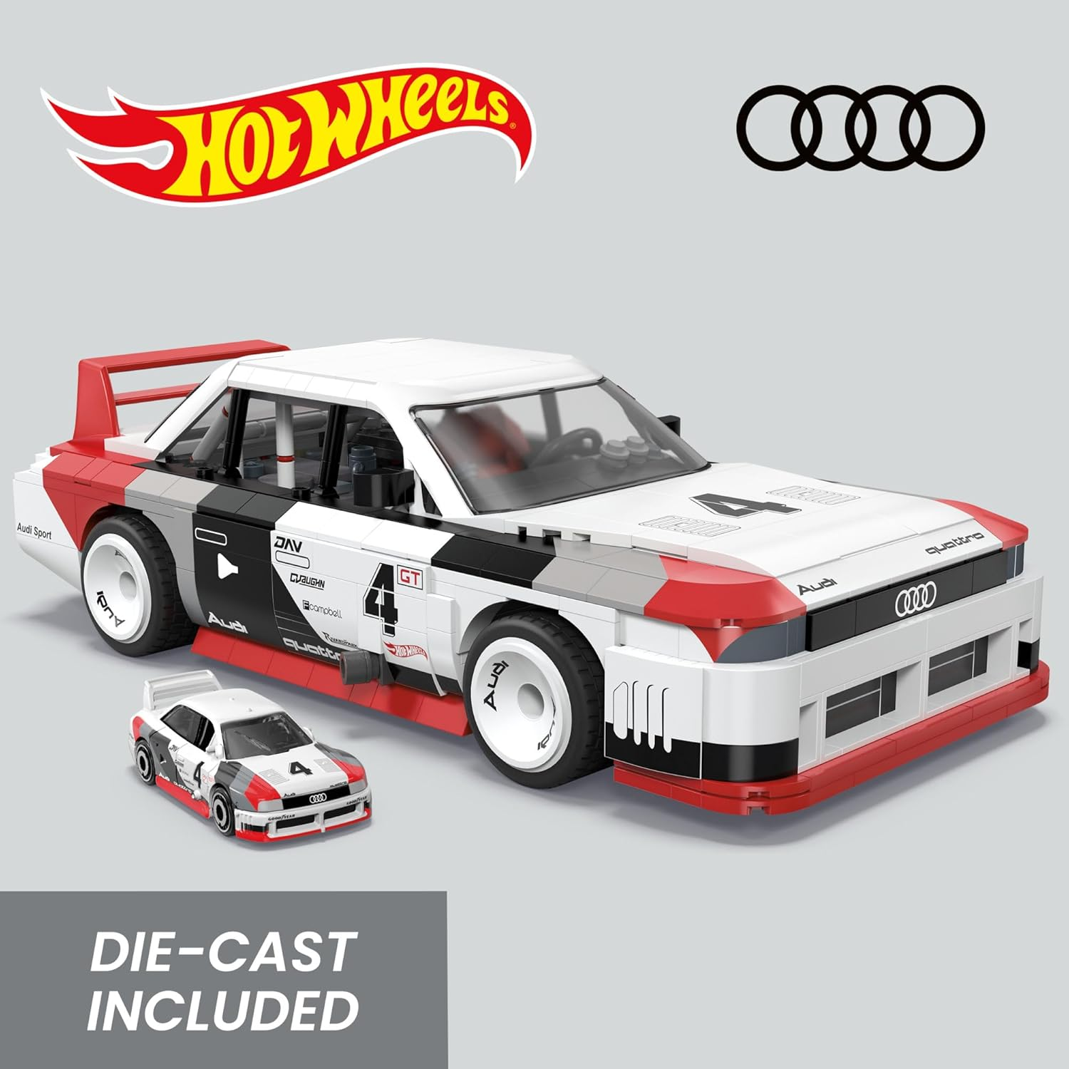 ​Mega Brands Hot Wheels Collectible Car Building Toy, Audi 90 Quattro IMSA GTO with 973 Pieces and Die-Cast Model, Build & Display Set for Collectors, Red image number 3