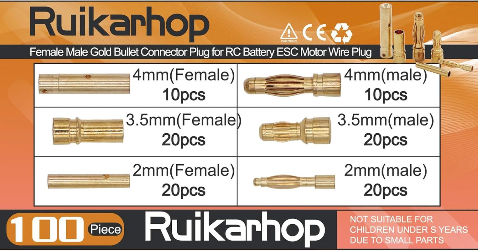 100 PCS 2Mm 3.5Mm 4Mm Female Male Gold Bullet Connector Plug for RC Battery ESC Motor Wire Plug image number 4