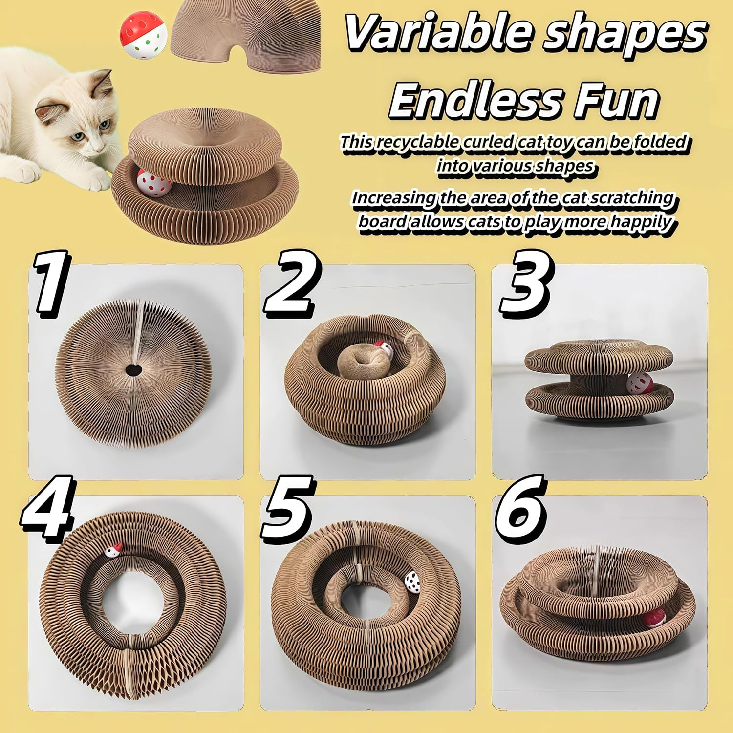 2026 New Kitty Kurl Cat Toy Scratcher,Cat Scratching Post,Interactive Magic Organ Cat Scratcher for Indoor Bored Cats,Cardboard Scratch Pad with Ball (1PC) image number 2