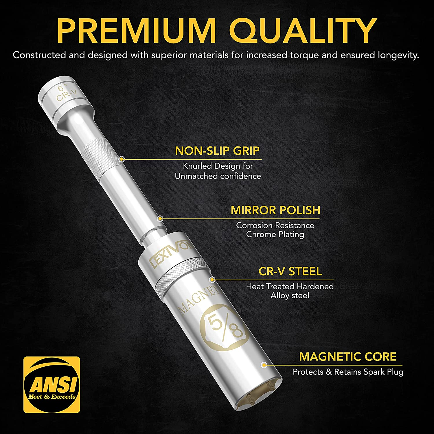 LEXIVON 5/8" Swivel Magnetic Spark Plug Socket, 3/8" Drive X 6" Total Length | Enhanced Magnetic Design with Thin Wall Socket, Cr-V Steel (LX-121) image number 2