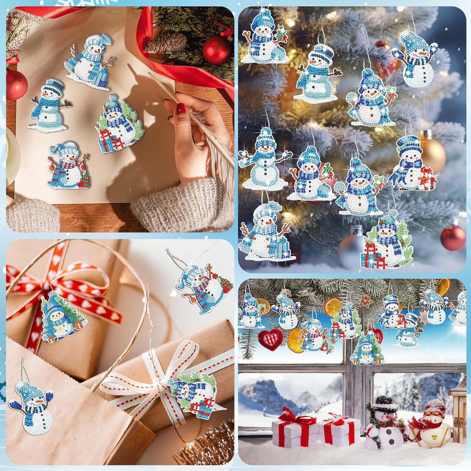 Skylety 20 Pcs Winter Diamond Art Ornaments Snowman Diamond Painting Kit for Adult 5D DIY Gift Wrap Tags with Rope Winter Hanging Ornaments for Home Party Craft Decor(Blue) - Blue Snowman image number 2
