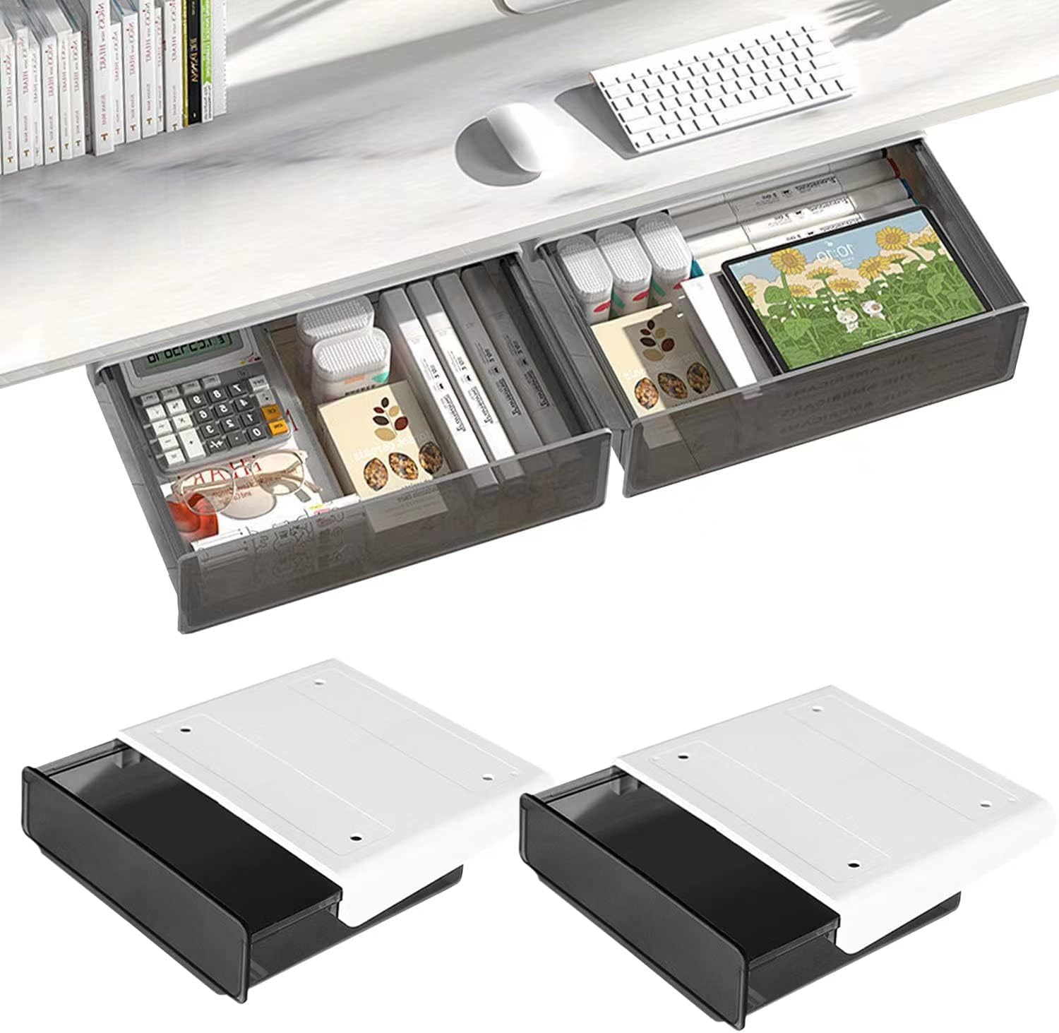 2 Pack Larger under Desk Drawer Organizer, Slide Out Desk Drawer, Clear Plastic Drawer under Desk for Office, School, Home, Hidden Desktop Organizer Pen Holder for Desk Self-Adhesive (BLACK)